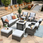 Ensemble de meubles de patio OVIOS en osier gris 8 pièces avec foyer