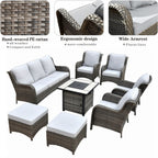 Ensemble de meubles de patio OVIOS en osier gris 8 pièces avec foyer