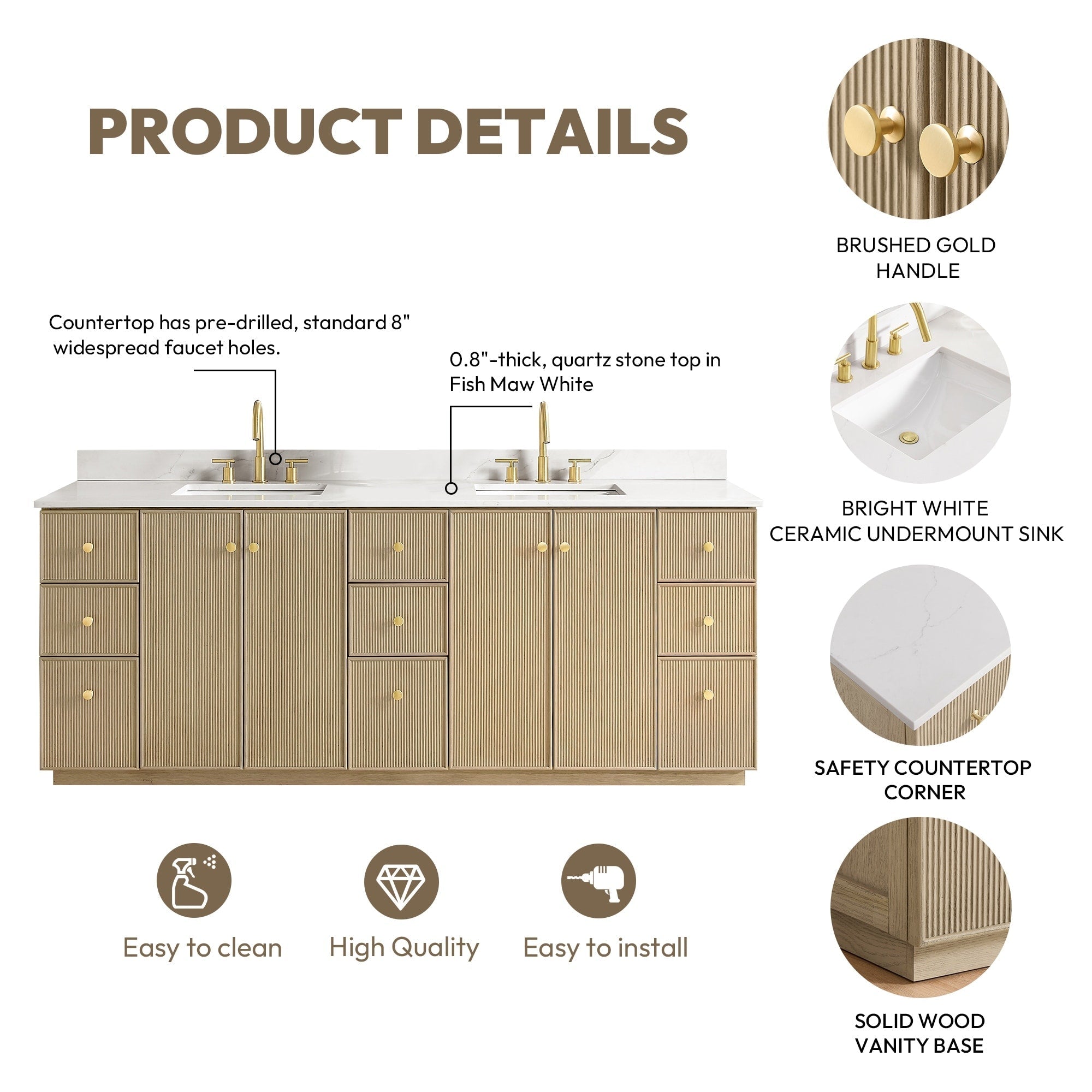 Meuble-lavabo Oza avec dessus en pierre de quartz sans miroir
