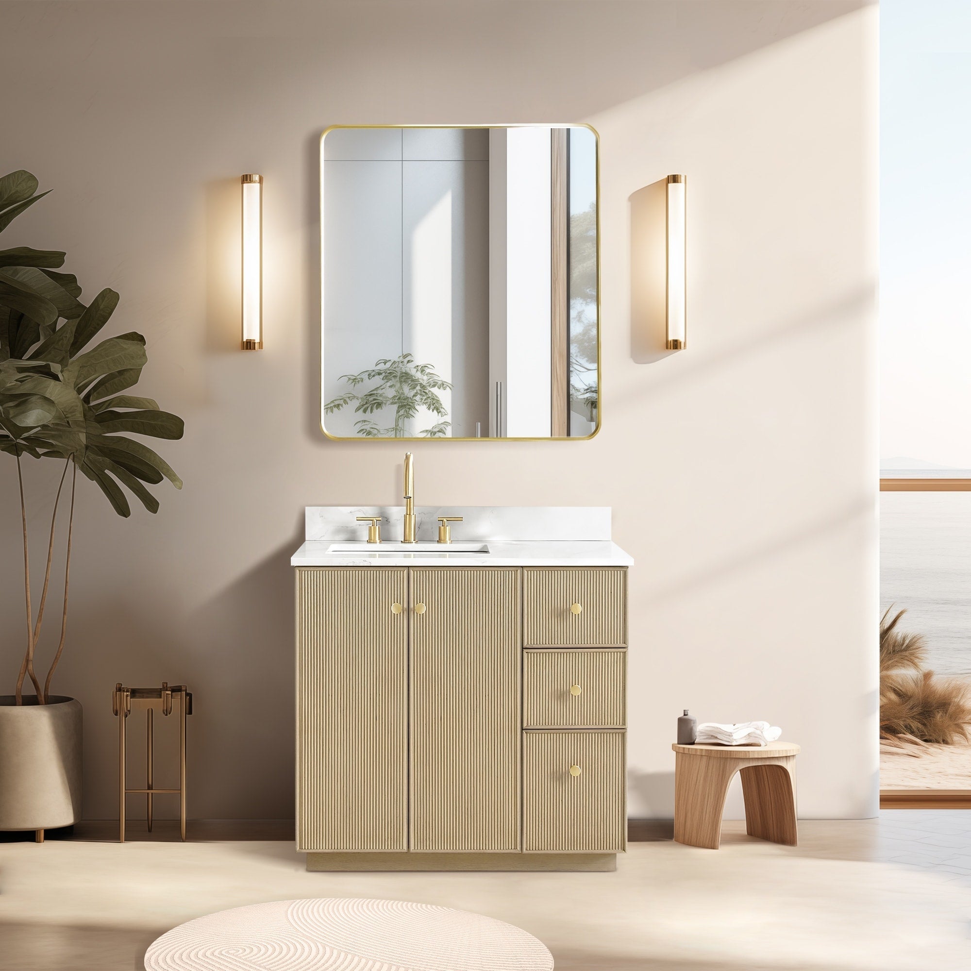 Meuble-lavabo Oza avec dessus en pierre de quartz sans miroir