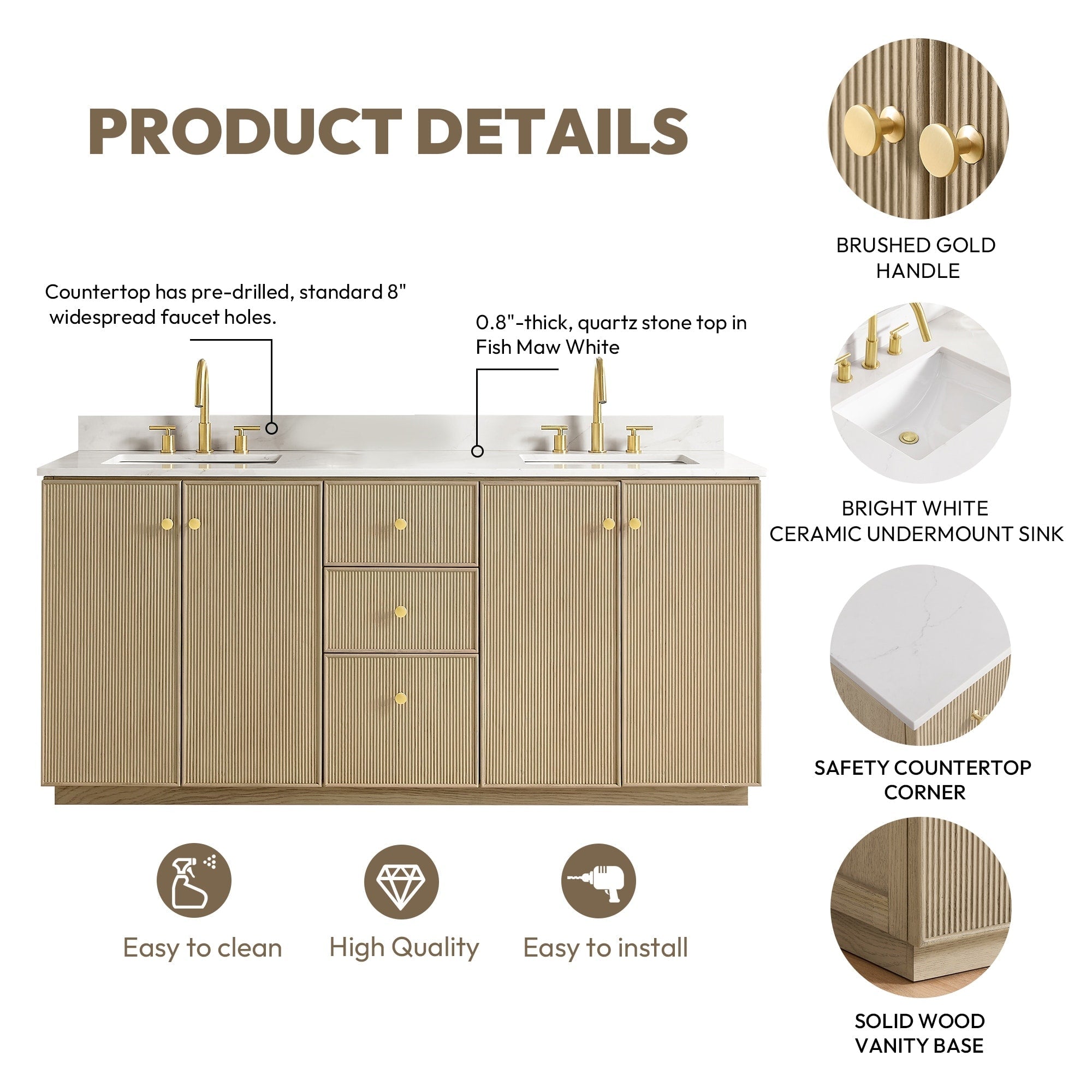 Meuble-lavabo Oza avec dessus en pierre de quartz sans miroir