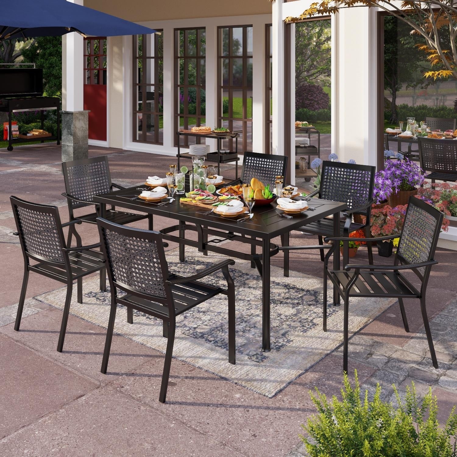 Ensemble de salle à manger de patio 7 pièces avec revêtement en métal E-coating, comprenant 6 chaises à dossier amélioré et une table en métal avec trou pour parasol