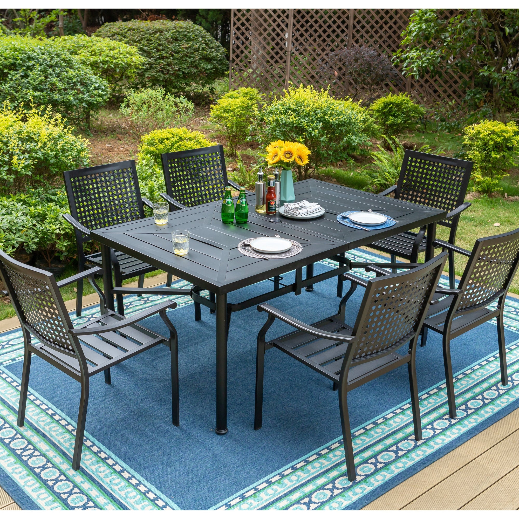 Ensemble de salle à manger de patio 7 pièces avec revêtement en métal E-coating, comprenant 6 chaises à dossier amélioré et une table en métal avec trou pour parasol