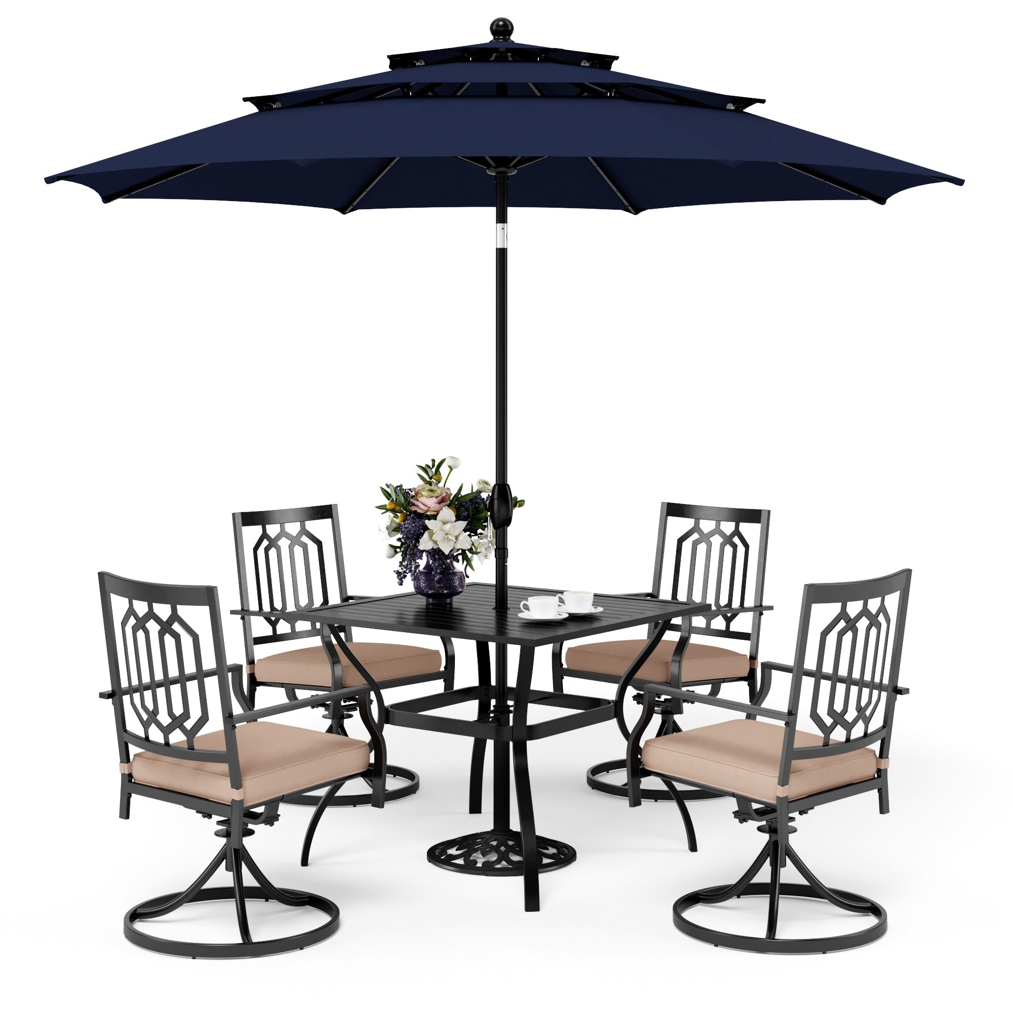 Ensemble de salle à manger de patio MAISON ARTS 5 pièces avec parasol rond de 10 pieds, 4 chaises de salle à manger pivotantes avec coussin et table de patio à lattes en acier