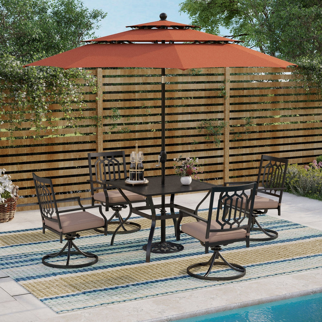 Ensemble de salle à manger de patio MAISON ARTS 5 pièces avec parasol rond de 10 pieds, 4 chaises de salle à manger pivotantes avec coussin et table de patio à lattes en acier
