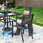Ensemble de salle à manger de patio 6 pièces MAISON ARTS avec parasol à inclinaison automatique à 3 niveaux de 10 pieds : 4 chaises d'extérieur en métal et 1 table à manger carrée en métal