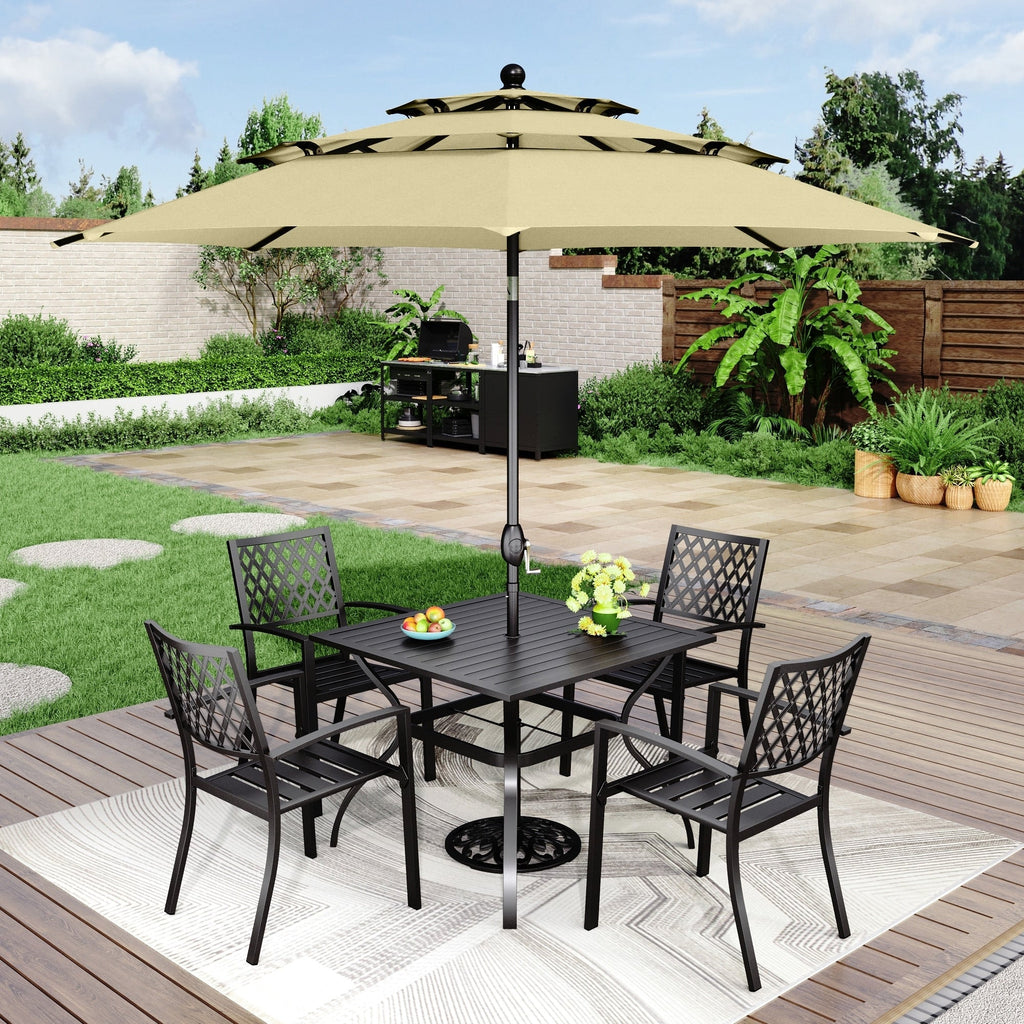 Ensemble de salle à manger de patio 6 pièces MAISON ARTS avec parasol à inclinaison automatique à 3 niveaux de 10 pieds : 4 chaises d'extérieur en métal et 1 table à manger carrée en métal