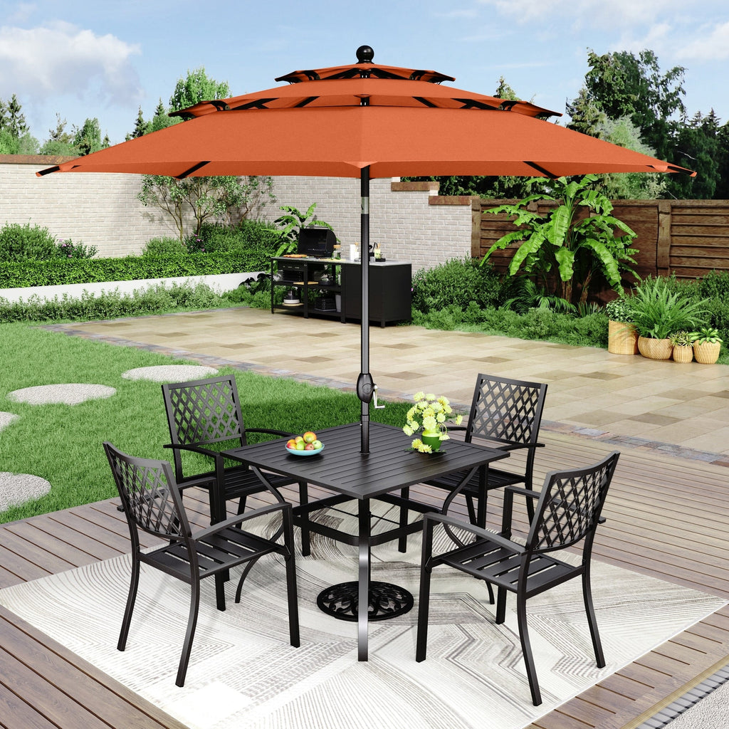 Ensemble de salle à manger de patio 6 pièces MAISON ARTS avec parasol à inclinaison automatique à 3 niveaux de 10 pieds : 4 chaises d'extérieur en métal et 1 table à manger carrée en métal