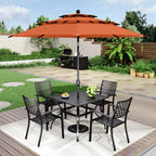 Ensemble de salle à manger de patio 6 pièces MAISON ARTS avec parasol à inclinaison automatique à 3 niveaux de 10 pieds : 4 chaises d'extérieur en métal et 1 table à manger carrée en métal