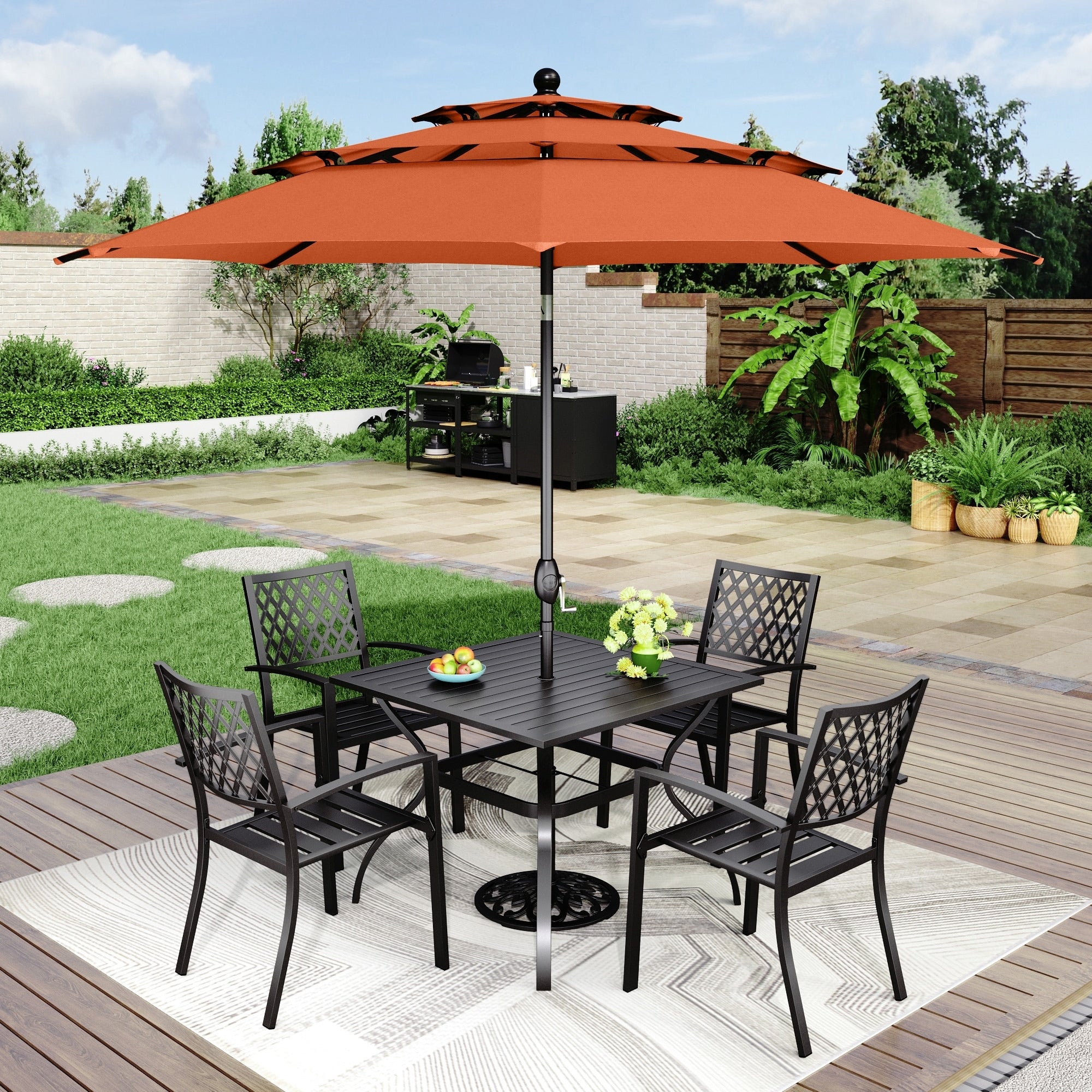 Ensemble de salle à manger de patio 6 pièces MAISON ARTS avec parasol à inclinaison automatique à 3 niveaux de 10 pieds : 4 chaises d'extérieur en métal et 1 table à manger carrée en métal