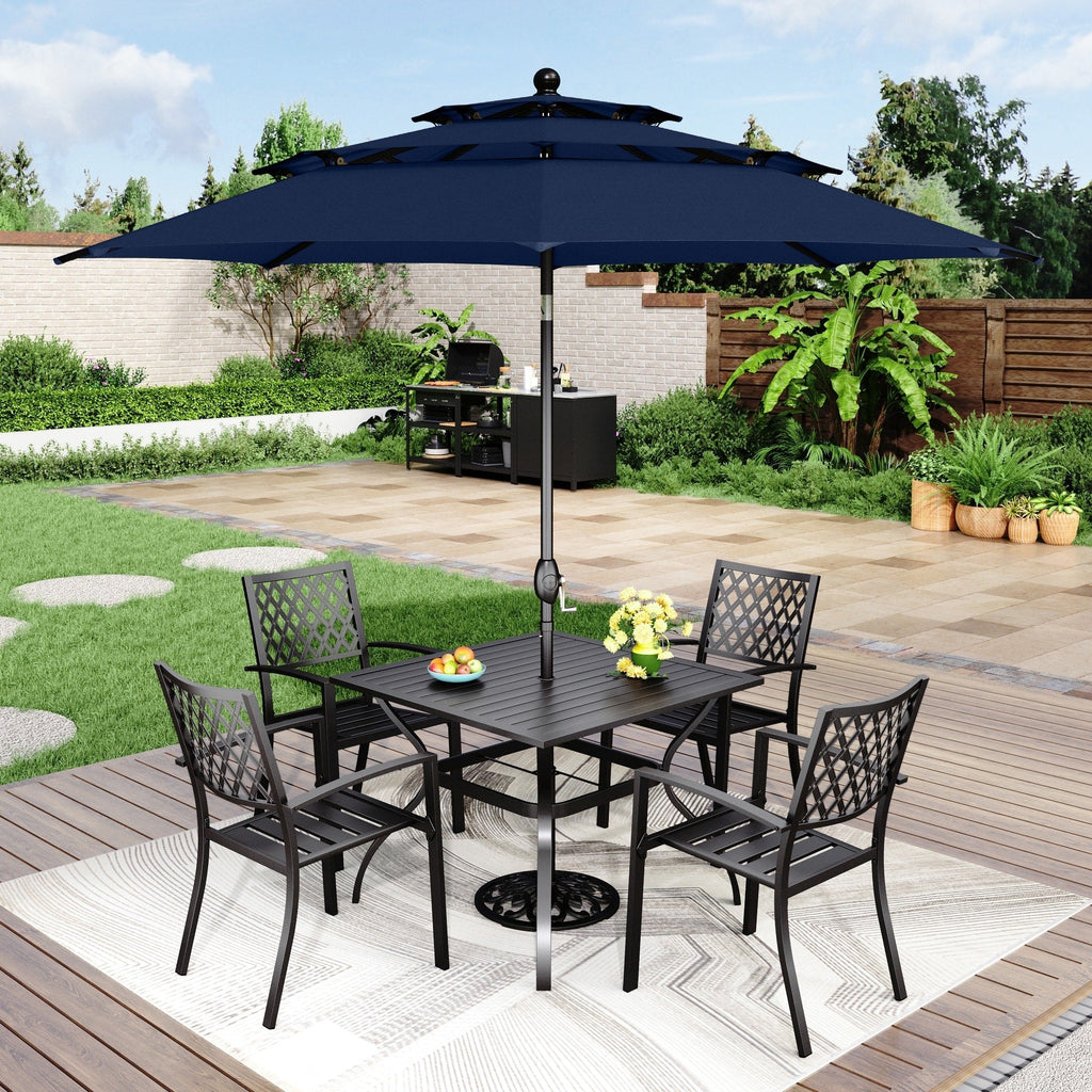 Ensemble de salle à manger de patio 6 pièces MAISON ARTS avec parasol à inclinaison automatique à 3 niveaux de 10 pieds : 4 chaises d'extérieur en métal et 1 table à manger carrée en métal