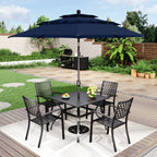 Ensemble de salle à manger de patio 6 pièces MAISON ARTS avec parasol à inclinaison automatique à 3 niveaux de 10 pieds : 4 chaises d'extérieur en métal et 1 table à manger carrée en métal