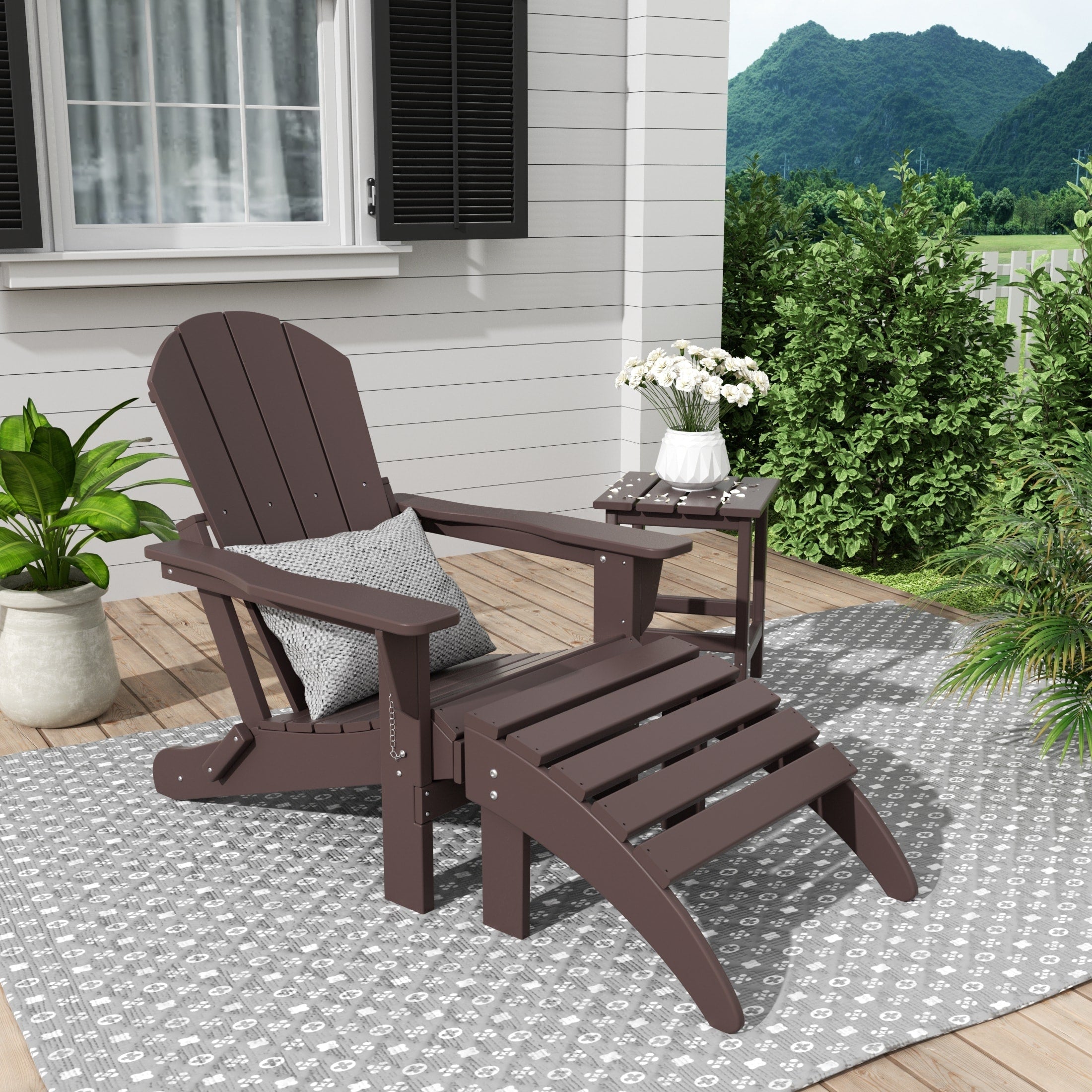 Chaise Adirondack pliable Polytrends Laguna en PEHD, toutes saisons, avec pouf et table d'appoint (ensemble 3 pièces)