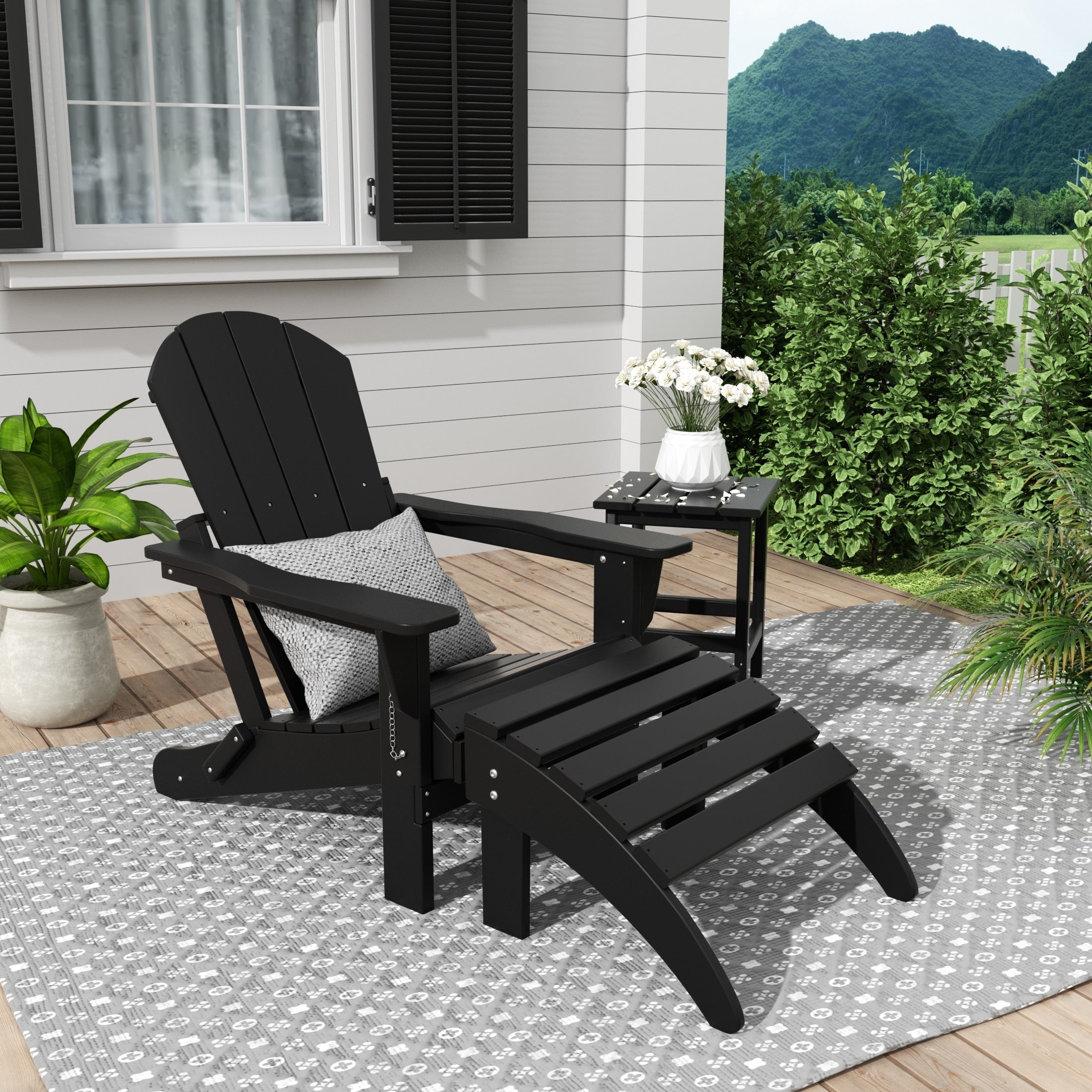 Chaise Adirondack pliable Polytrends Laguna en PEHD, toutes saisons, avec pouf et table d'appoint (ensemble 3 pièces)
