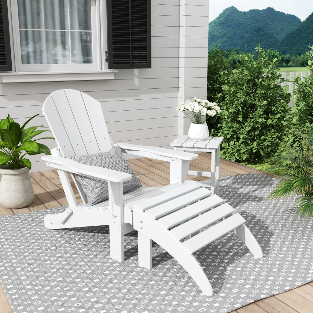 Chaise Adirondack pliable Polytrends Laguna en PEHD, toutes saisons, avec pouf et table d'appoint (ensemble 3 pièces)