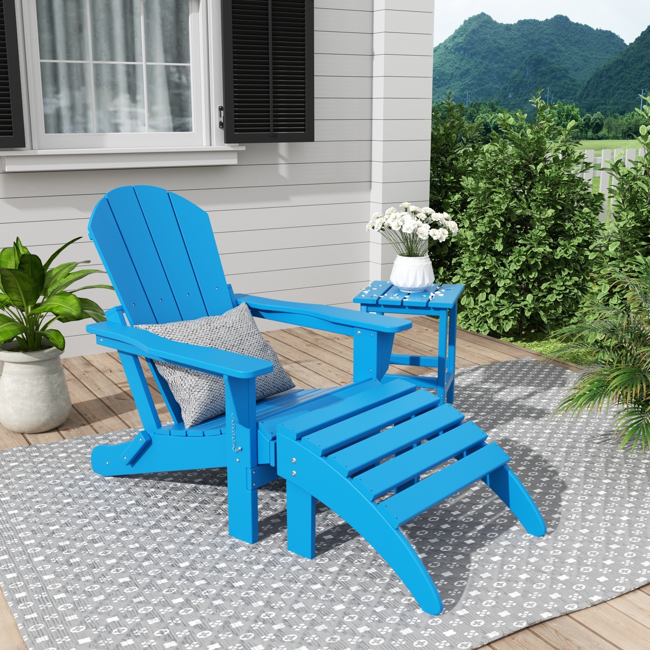 Chaise Adirondack pliable Polytrends Laguna en PEHD, toutes saisons, avec pouf et table d'appoint (ensemble 3 pièces)
