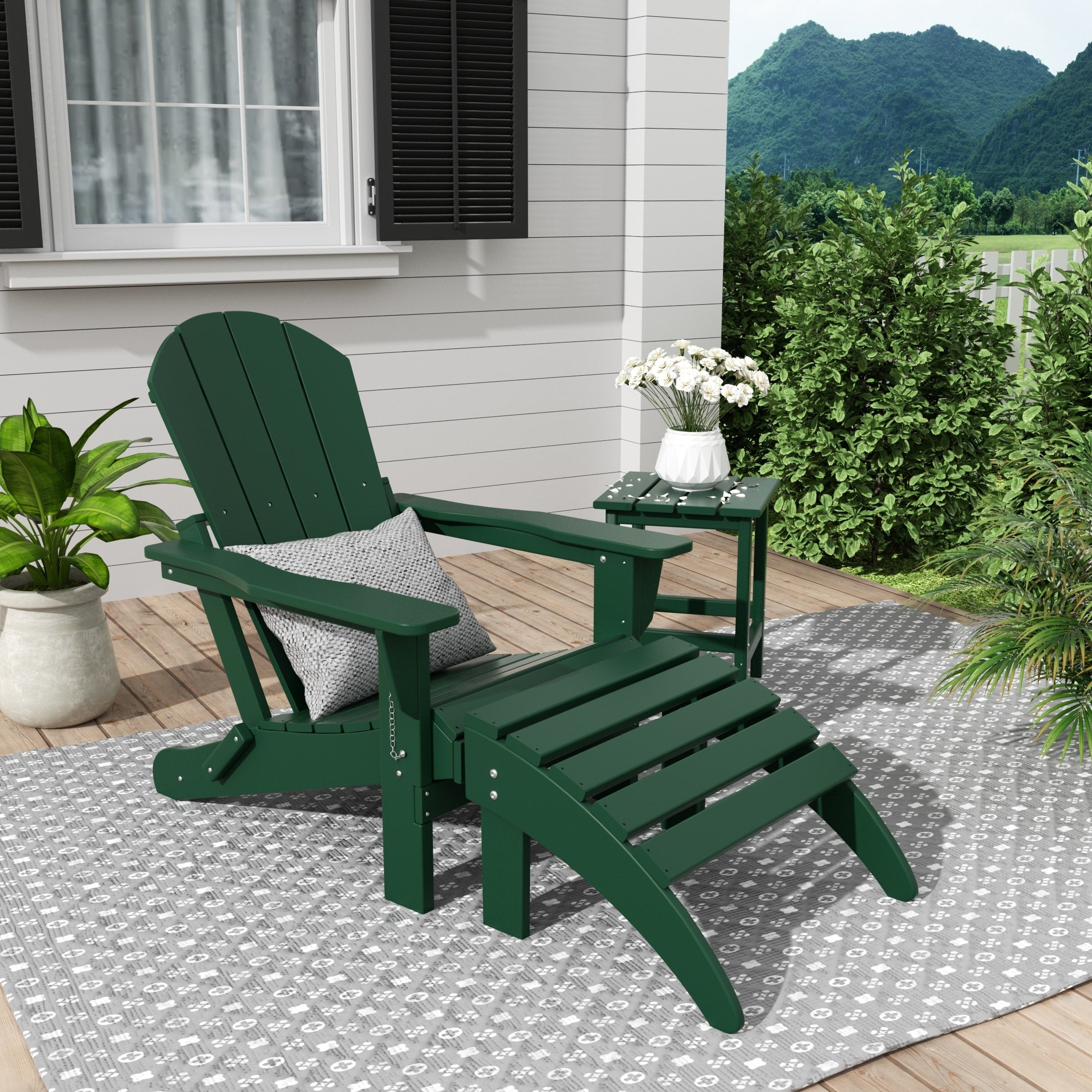 Chaise Adirondack pliable Polytrends Laguna en PEHD, toutes saisons, avec pouf et table d'appoint (ensemble 3 pièces)