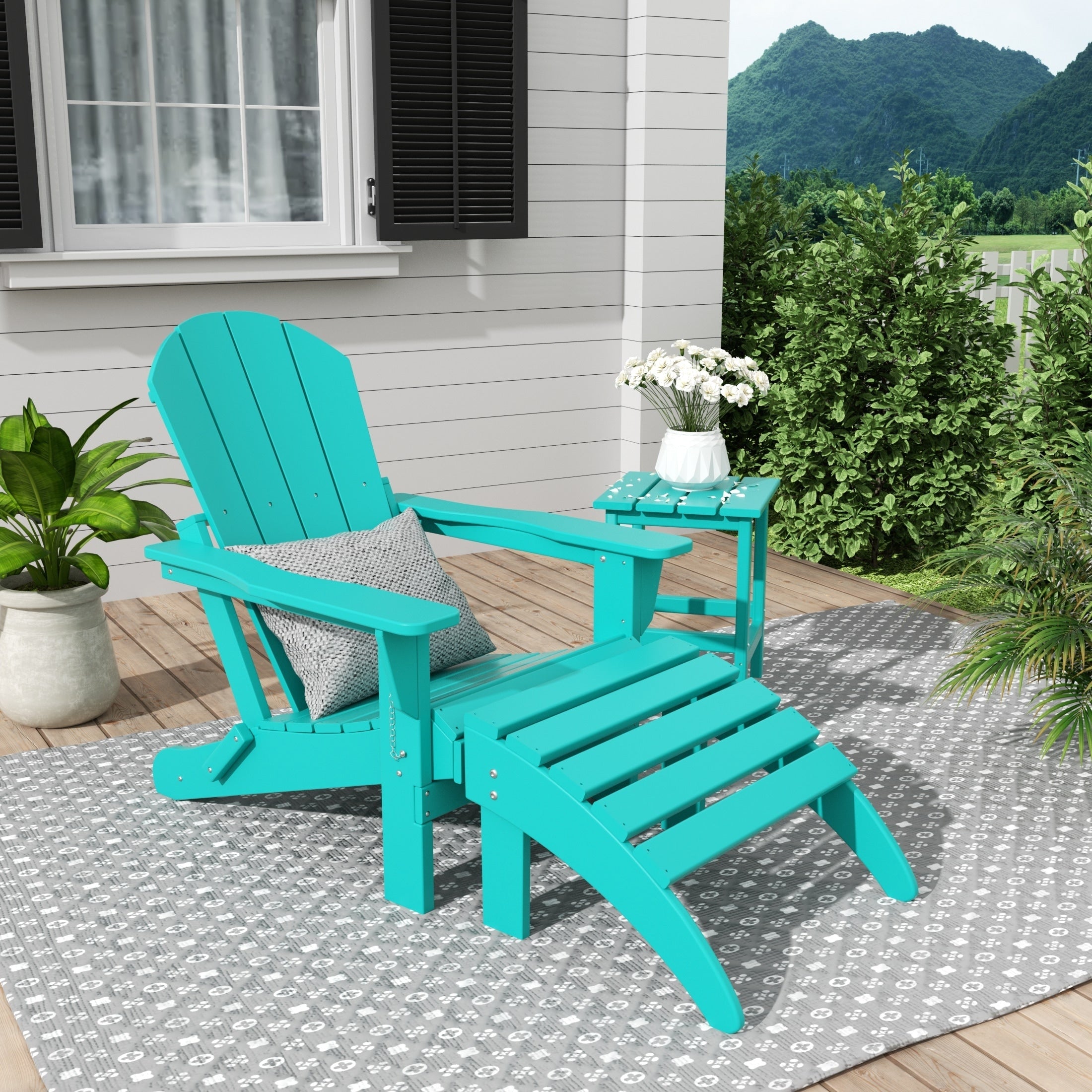Chaise Adirondack pliable Polytrends Laguna en PEHD, toutes saisons, avec pouf et table d'appoint (ensemble 3 pièces)