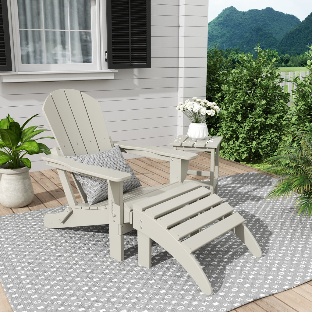 Chaise Adirondack pliable Polytrends Laguna en PEHD, toutes saisons, avec pouf et table d'appoint (ensemble 3 pièces)