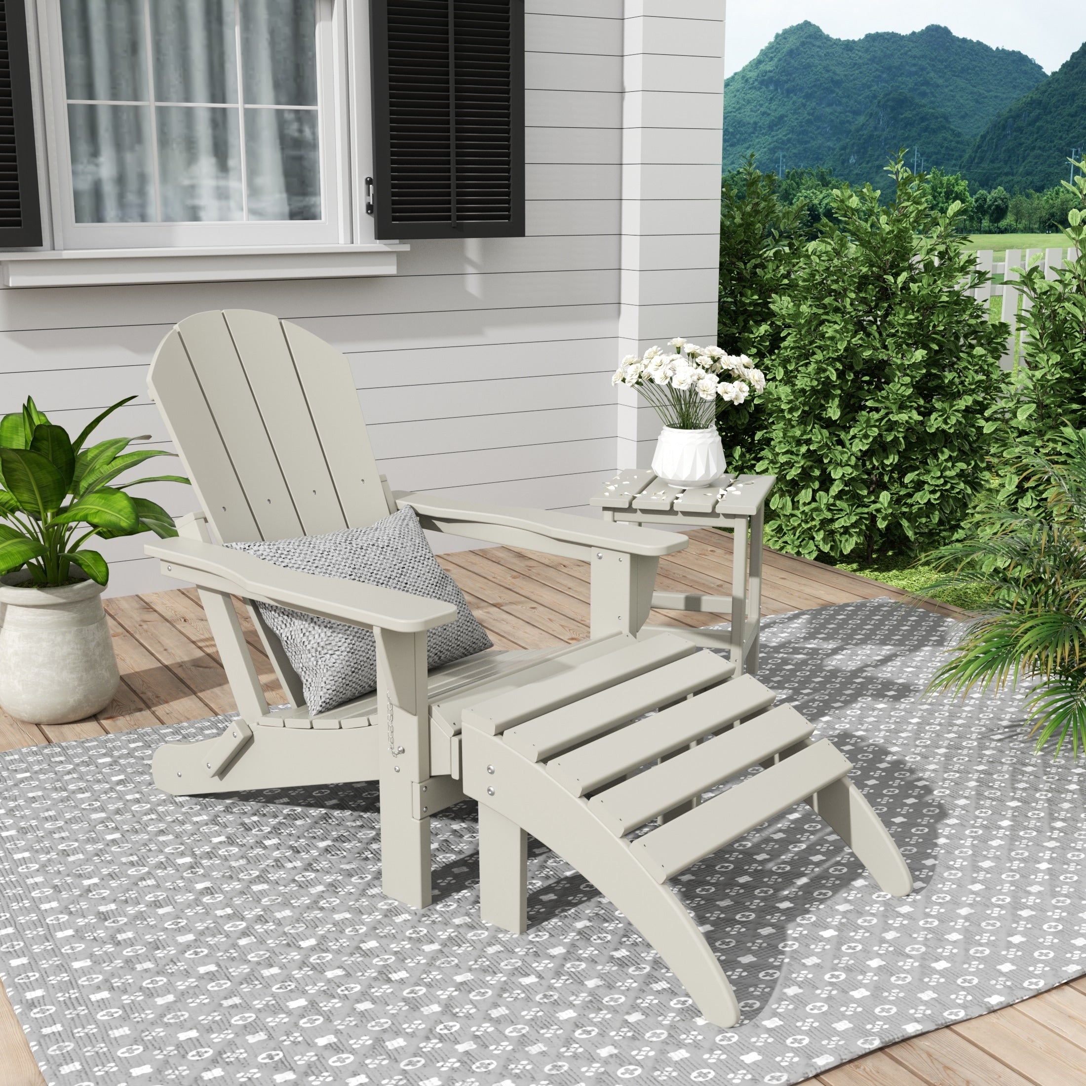 Chaise Adirondack pliable Polytrends Laguna en PEHD, toutes saisons, avec pouf et table d'appoint (ensemble 3 pièces)