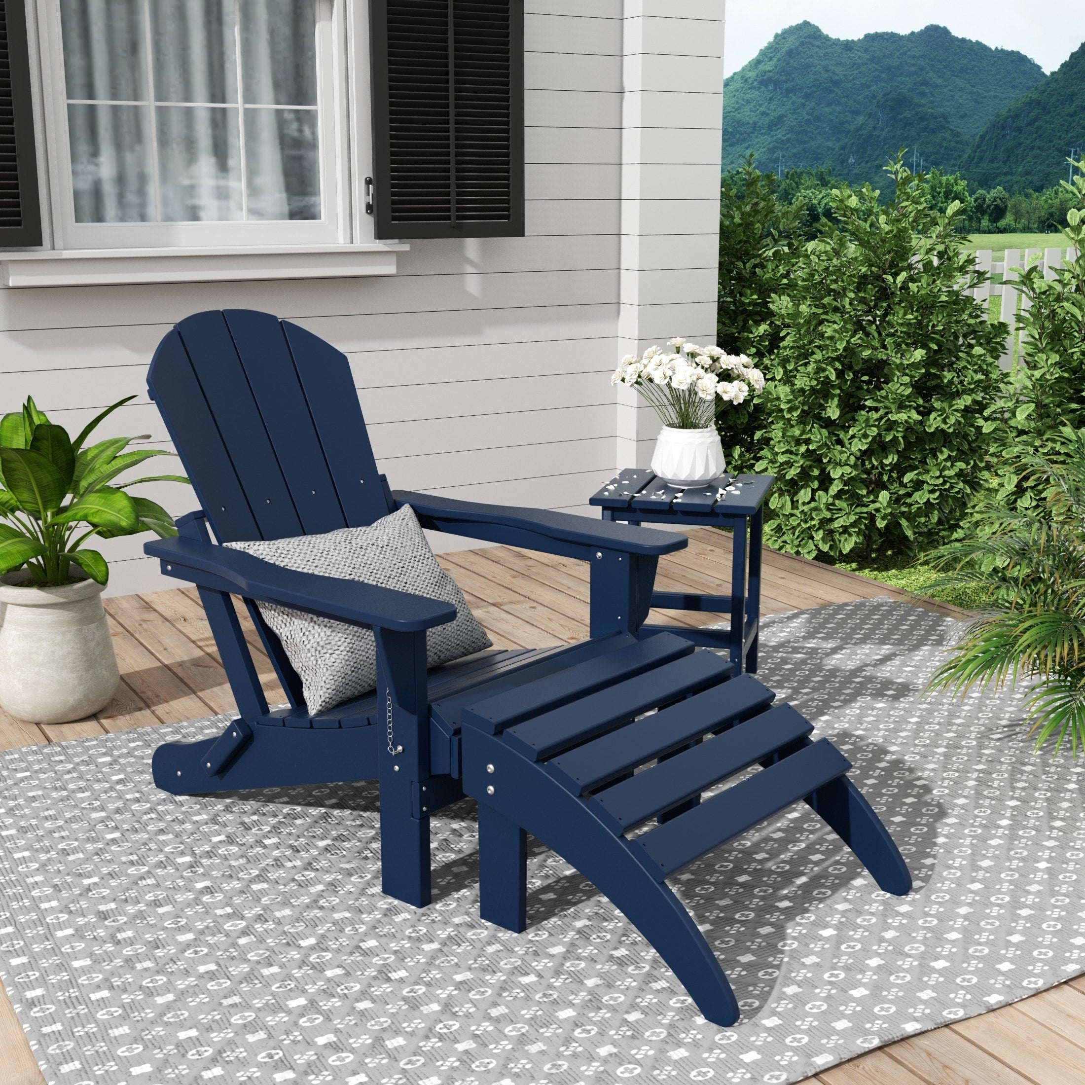 Chaise Adirondack pliable Polytrends Laguna en PEHD, toutes saisons, avec pouf et table d'appoint (ensemble 3 pièces)