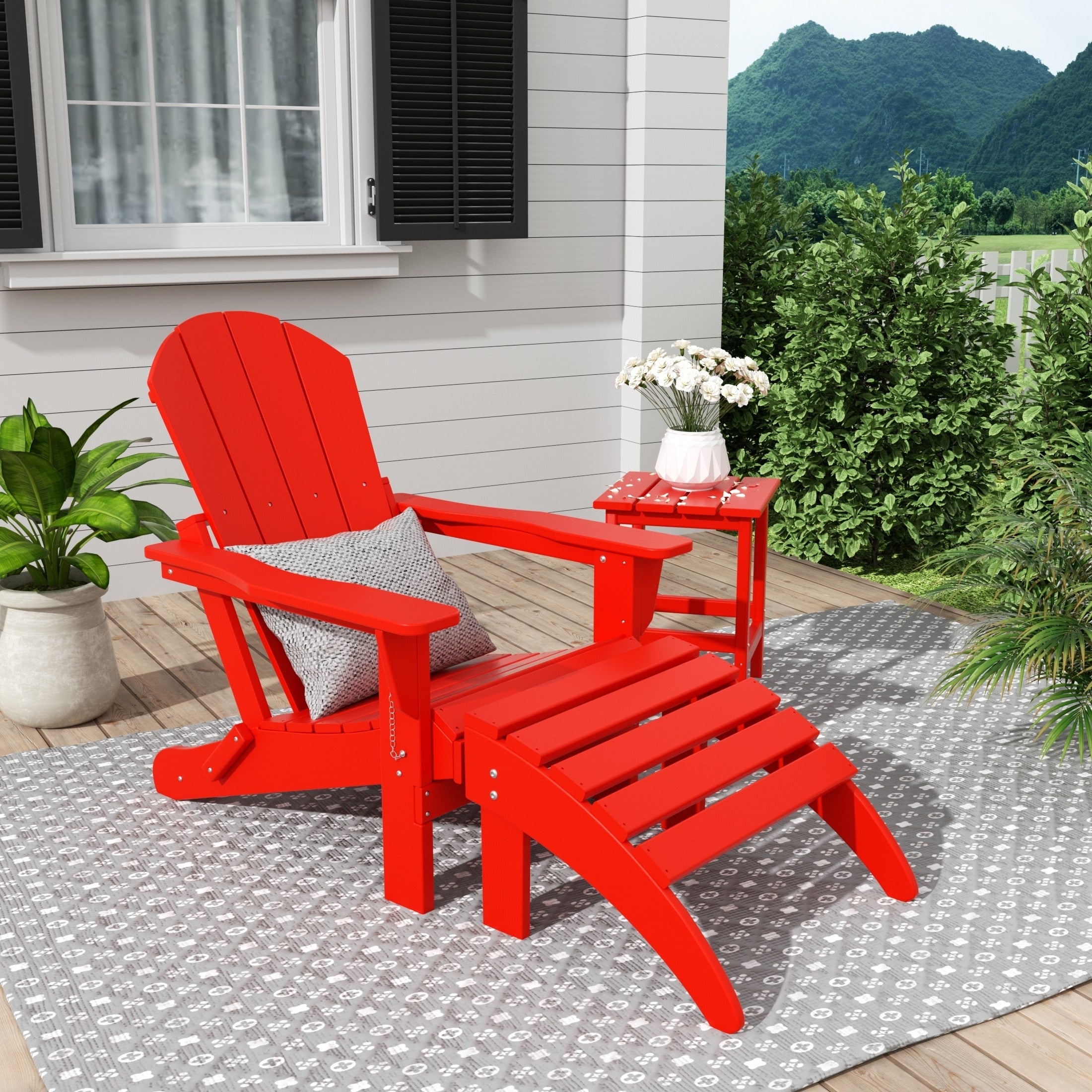 Chaise Adirondack pliable Polytrends Laguna en PEHD, toutes saisons, avec pouf et table d'appoint (ensemble 3 pièces)