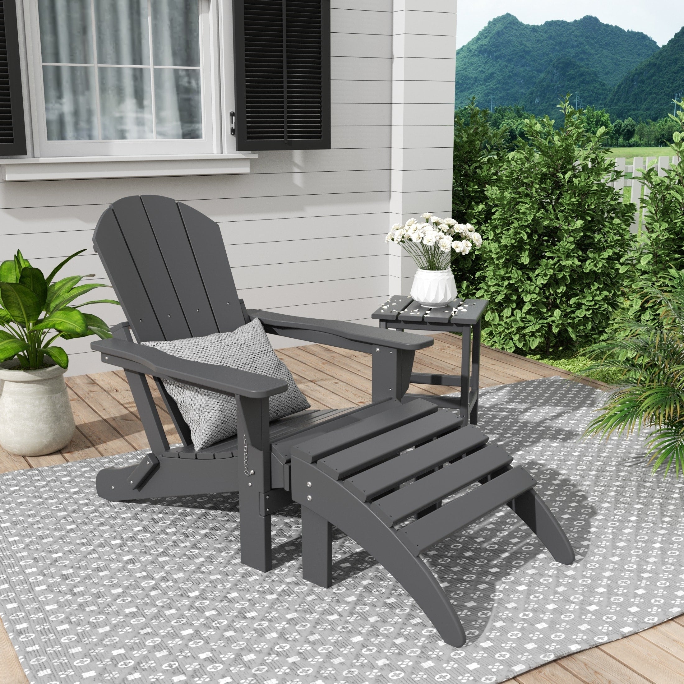 Chaise Adirondack pliable Polytrends Laguna en PEHD, toutes saisons, avec pouf et table d'appoint (ensemble 3 pièces)