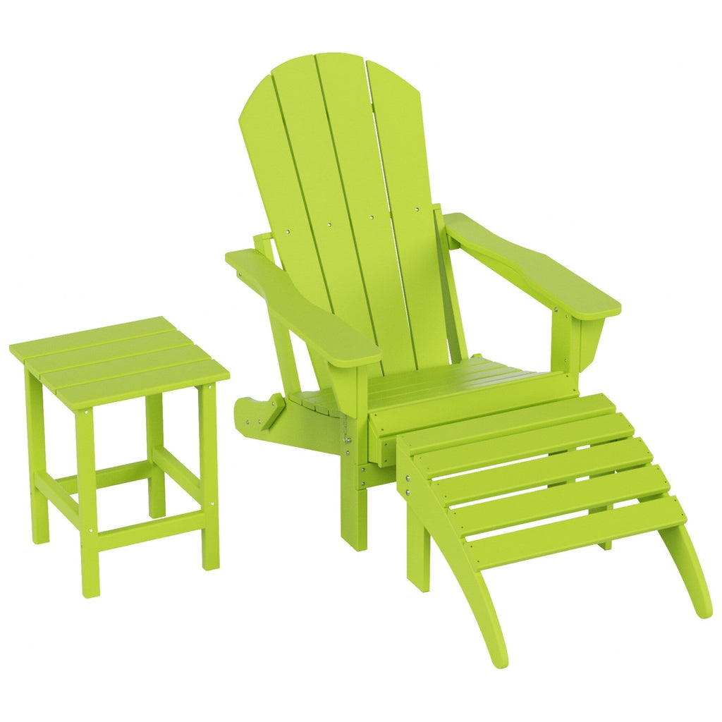 Chaise Adirondack pliable Polytrends Laguna en PEHD, toutes saisons, avec pouf et table d'appoint (ensemble 3 pièces)
