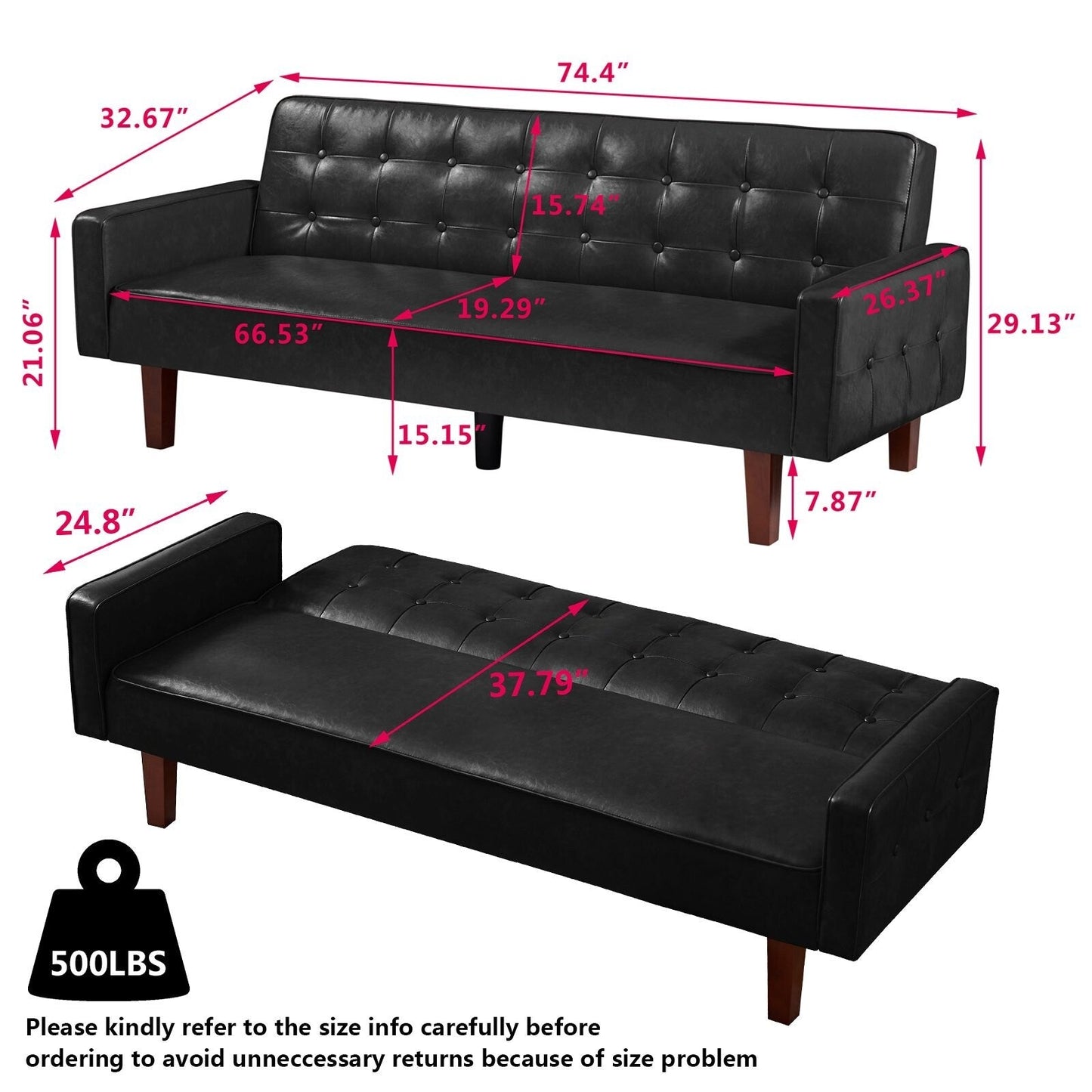 Canapé-lit futon convertible en similicuir pour salon, capitonné, pour chambre à coucher