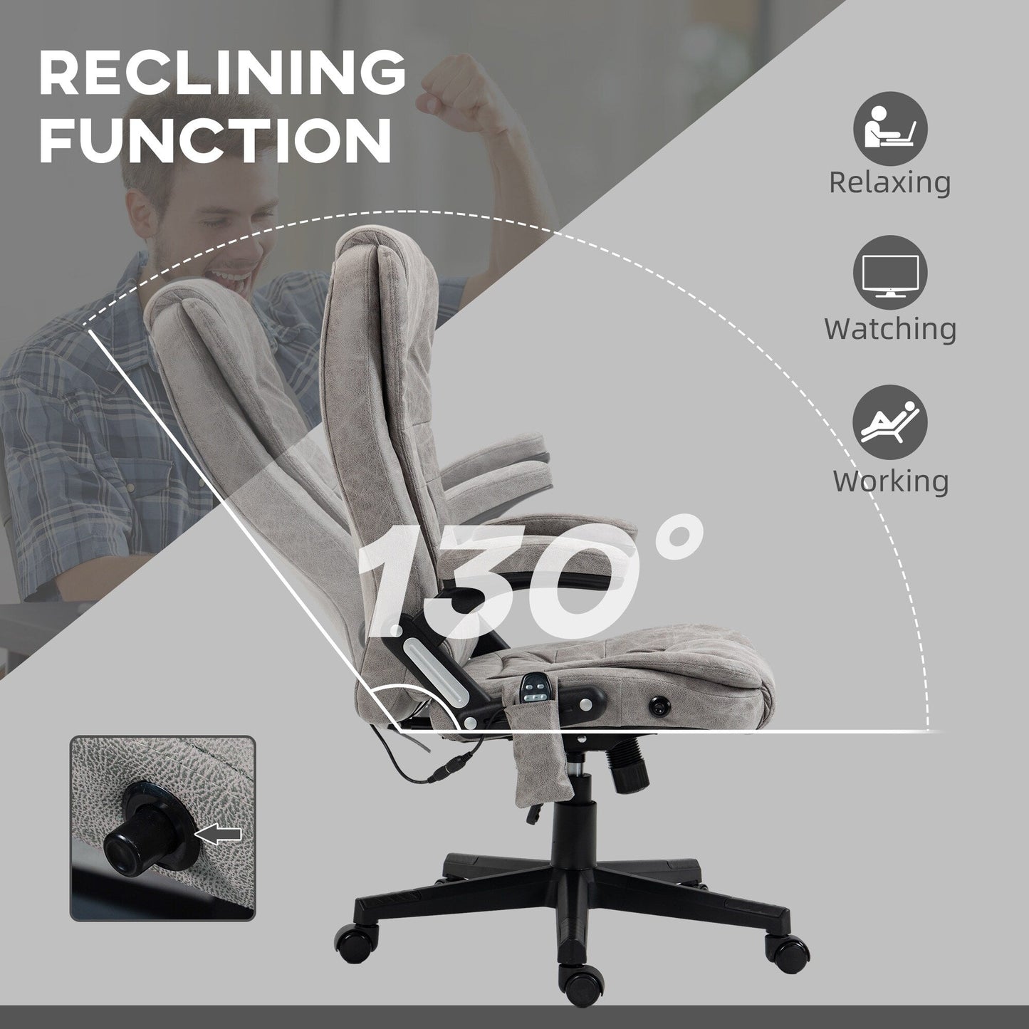 Fauteuil de bureau inclinable pivotant à 360° en cuir PU avec massage par vibrations, chauffage lombaire et hauteur réglable
