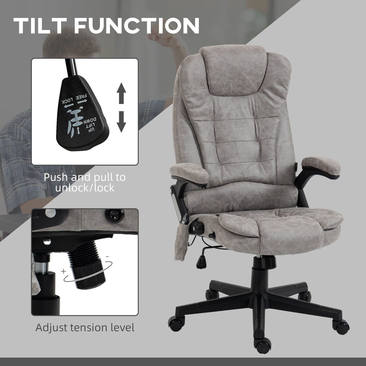 Fauteuil de bureau inclinable pivotant à 360° en cuir PU avec massage par vibrations, chauffage lombaire et hauteur réglable