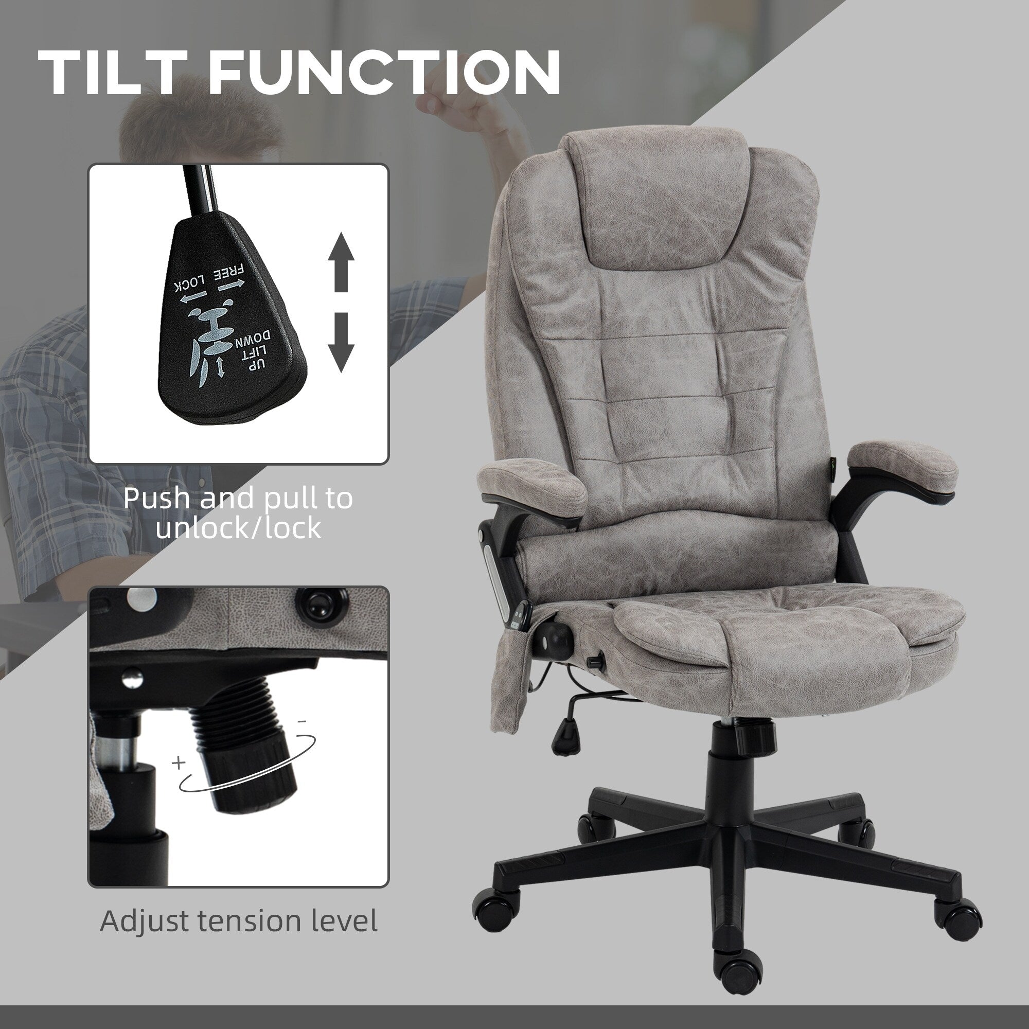 Fauteuil de bureau inclinable pivotant à 360° en cuir PU avec massage par vibrations, chauffage lombaire et hauteur réglable
