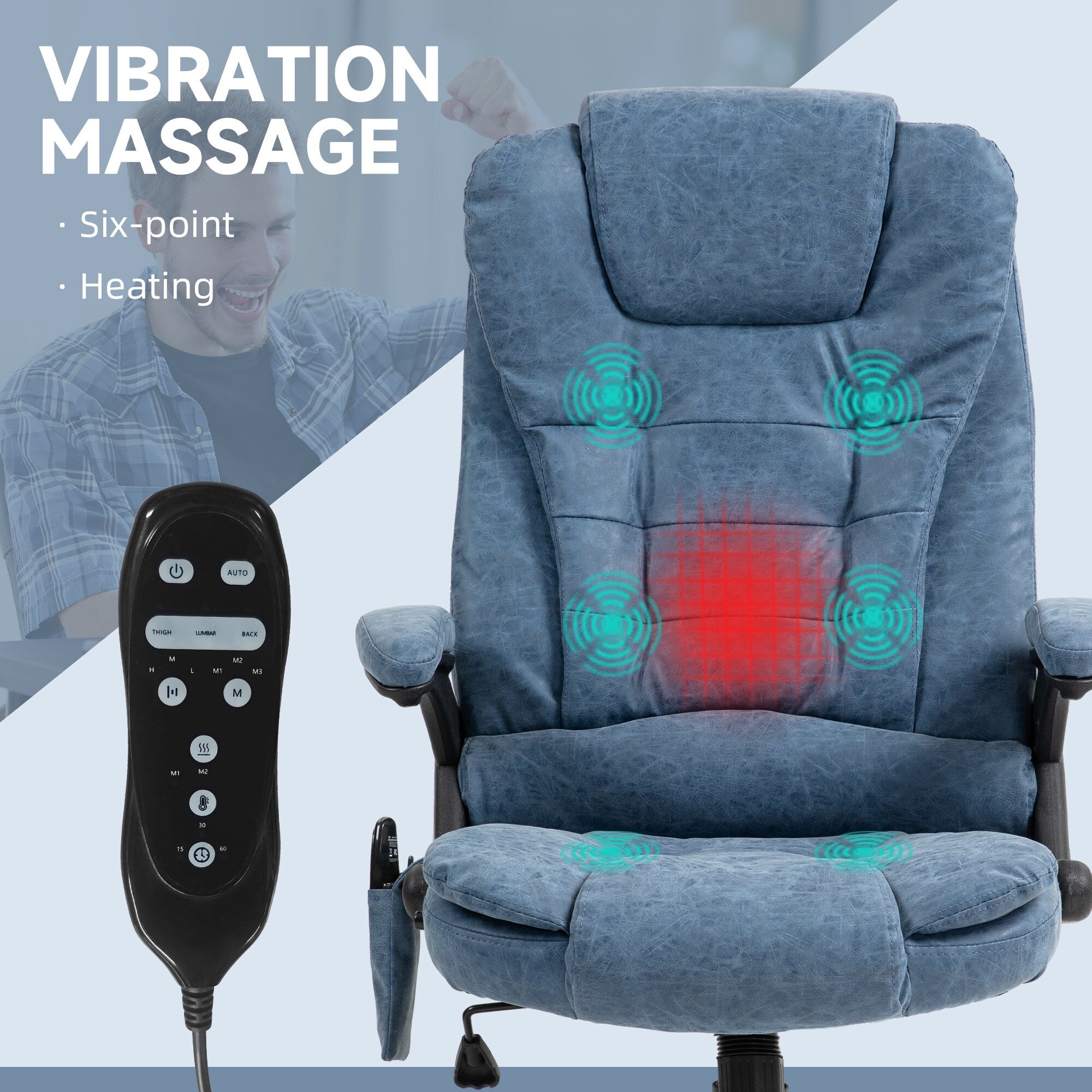 Fauteuil de bureau inclinable pivotant à 360° en cuir PU avec massage par vibrations, chauffage lombaire et hauteur réglable