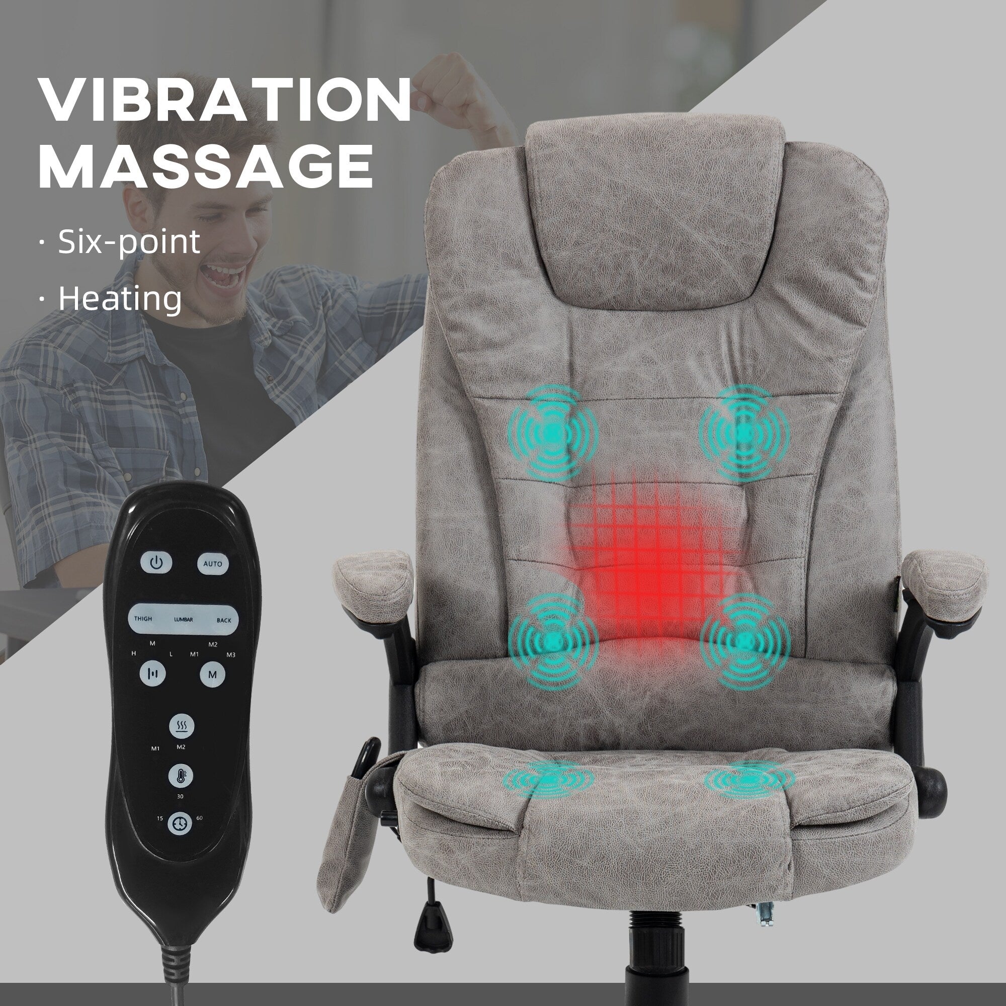 Fauteuil de bureau inclinable pivotant à 360° en cuir PU avec massage par vibrations, chauffage lombaire et hauteur réglable