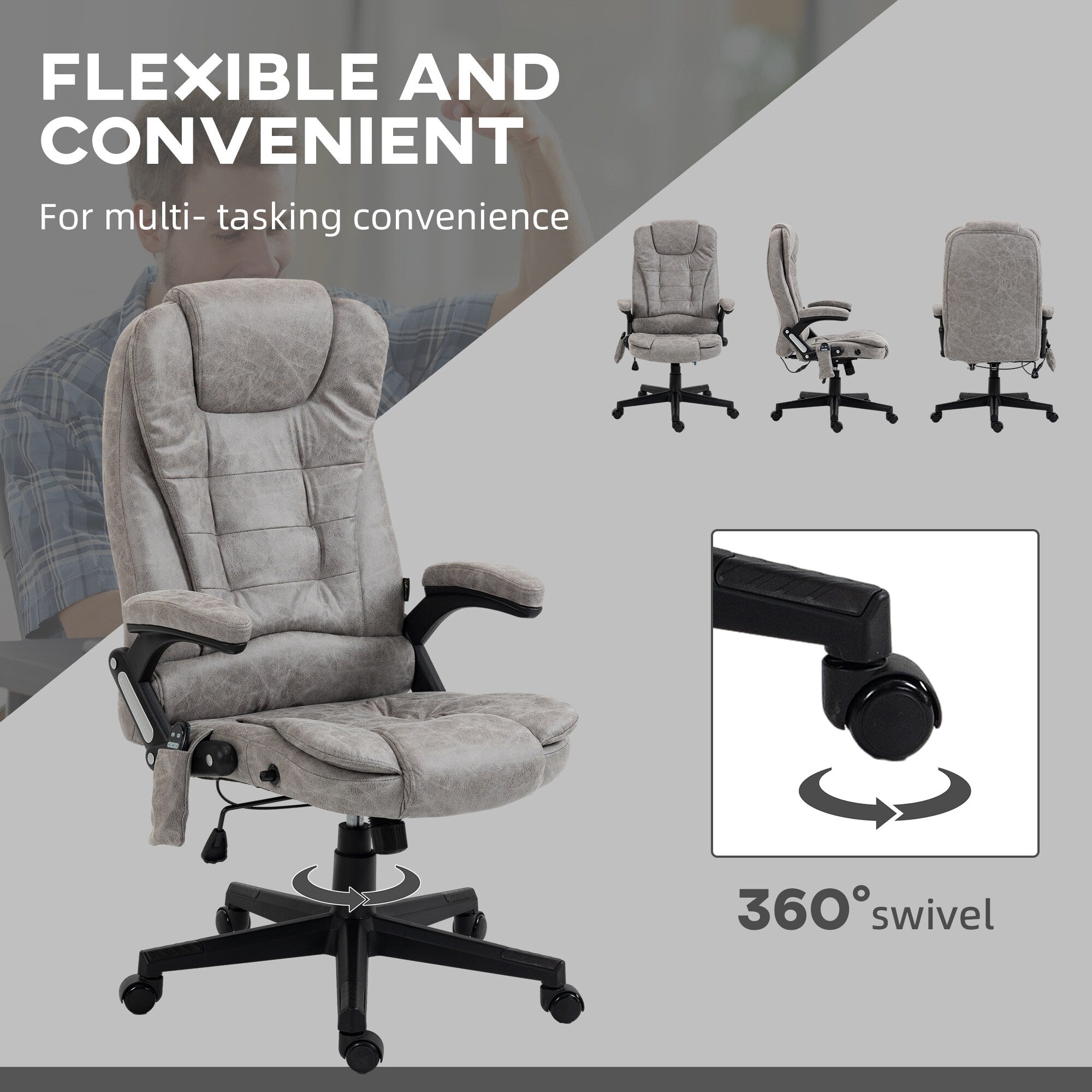 Fauteuil de bureau inclinable pivotant à 360° en cuir PU avec massage par vibrations, chauffage lombaire et hauteur réglable