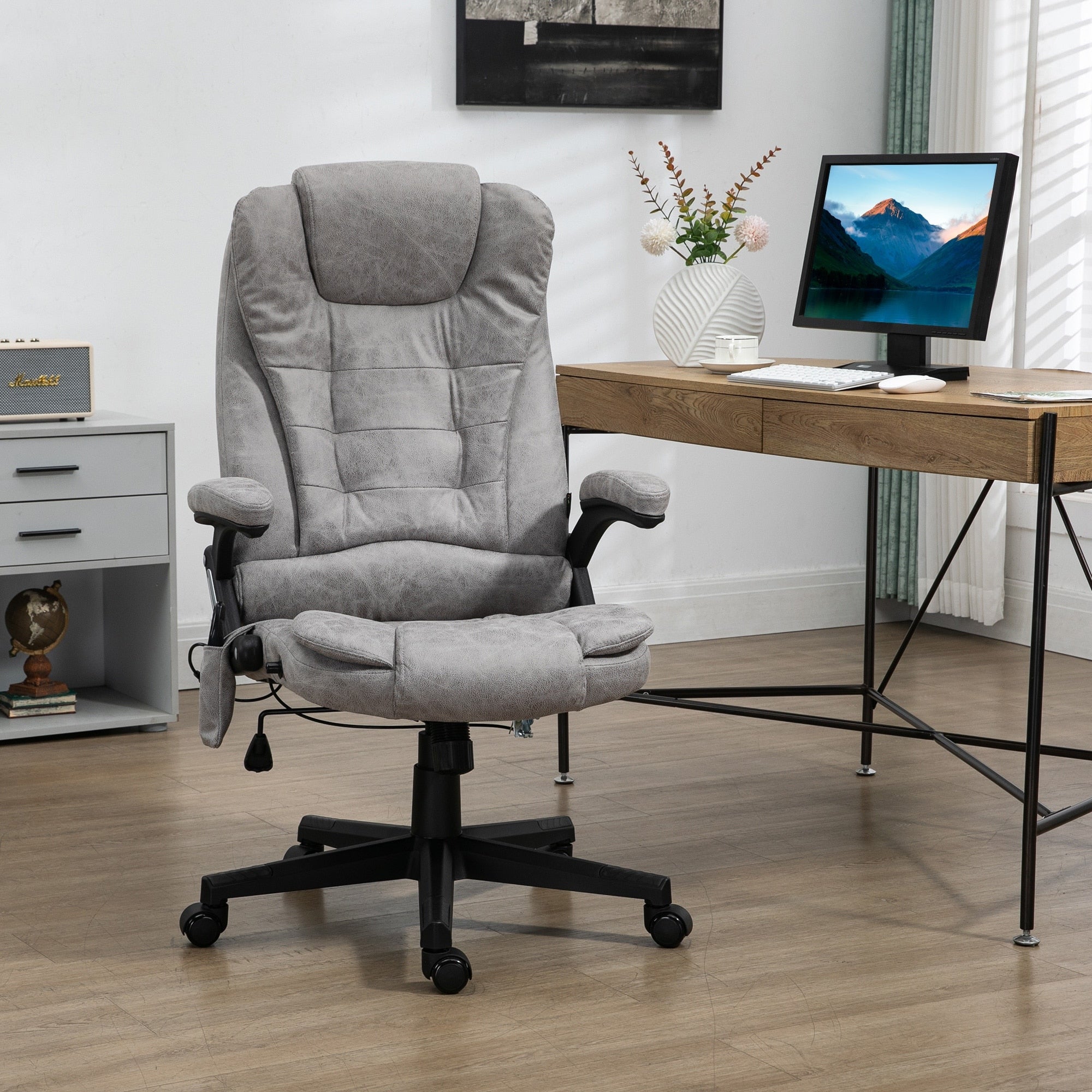 Fauteuil de bureau inclinable pivotant à 360° en cuir PU avec massage par vibrations, chauffage lombaire et hauteur réglable