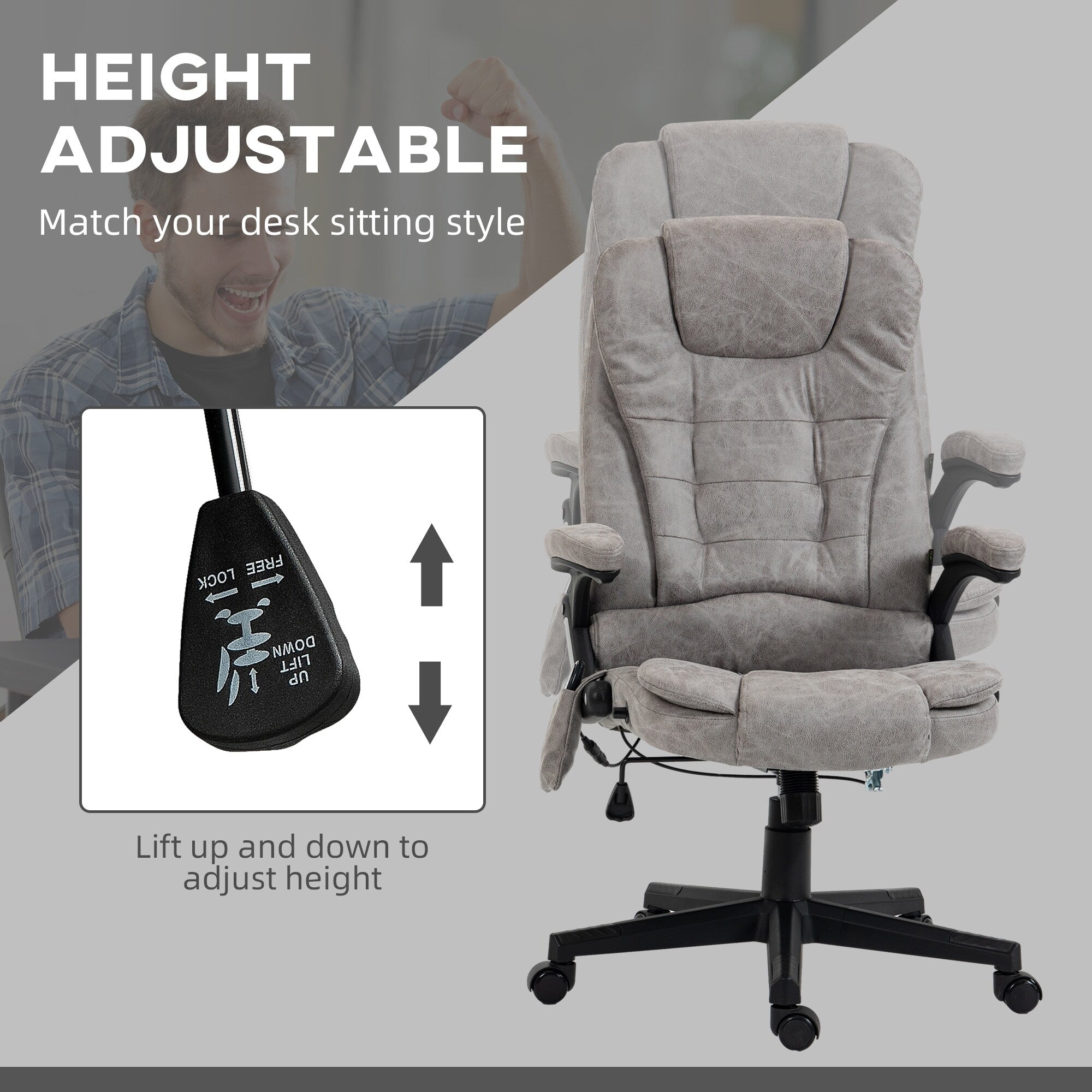 Fauteuil de bureau inclinable pivotant à 360° en cuir PU avec massage par vibrations, chauffage lombaire et hauteur réglable