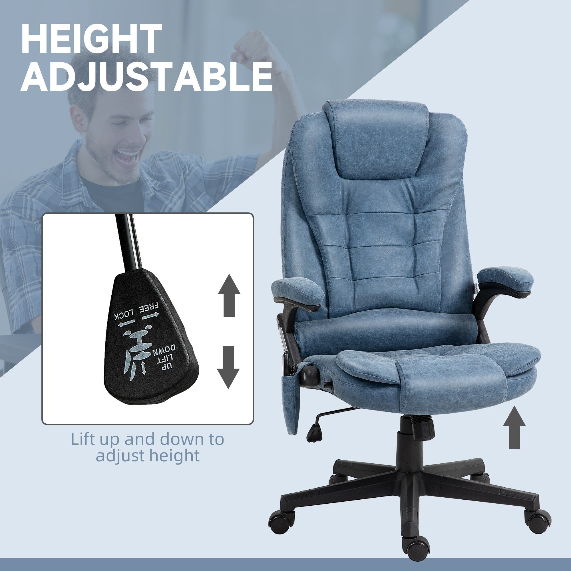 Fauteuil de bureau inclinable pivotant à 360° en cuir PU avec massage par vibrations, chauffage lombaire et hauteur réglable