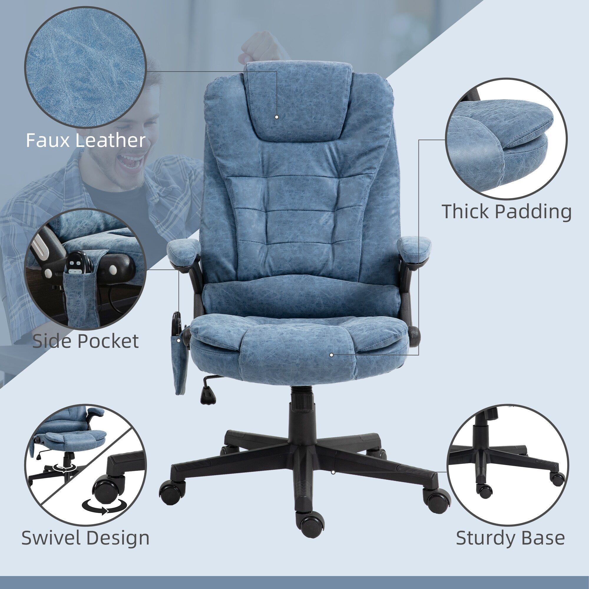 Fauteuil de bureau inclinable pivotant à 360° en cuir PU avec massage par vibrations, chauffage lombaire et hauteur réglable