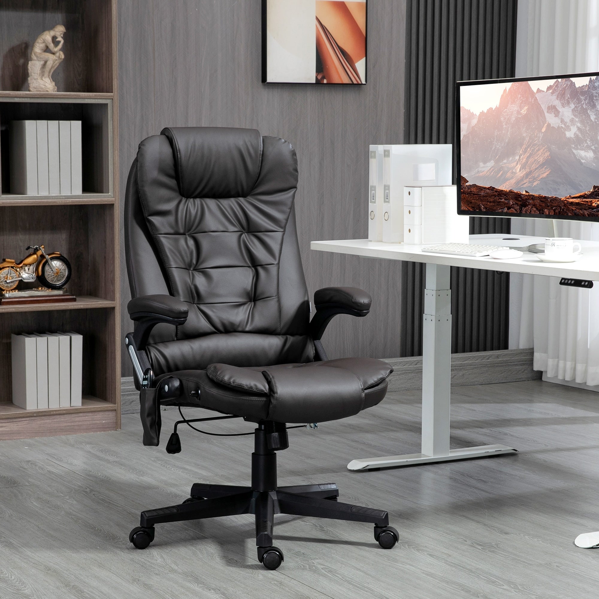 Fauteuil de bureau inclinable pivotant à 360° en cuir PU avec massage par vibrations, chauffage lombaire et hauteur réglable