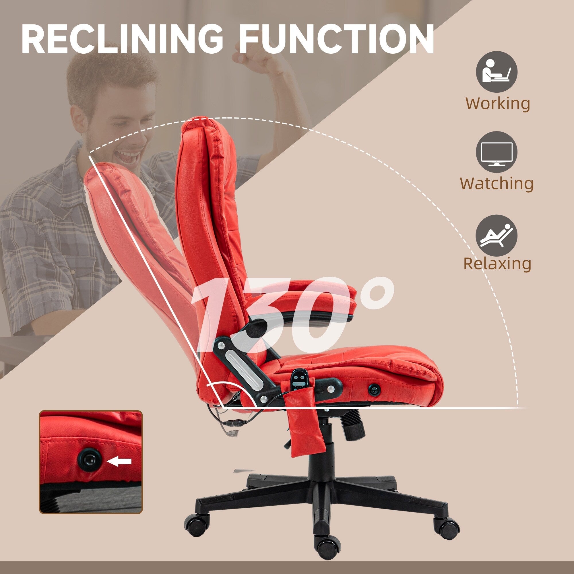 Fauteuil de bureau inclinable pivotant à 360° en cuir PU avec massage par vibrations, chauffage lombaire et hauteur réglable