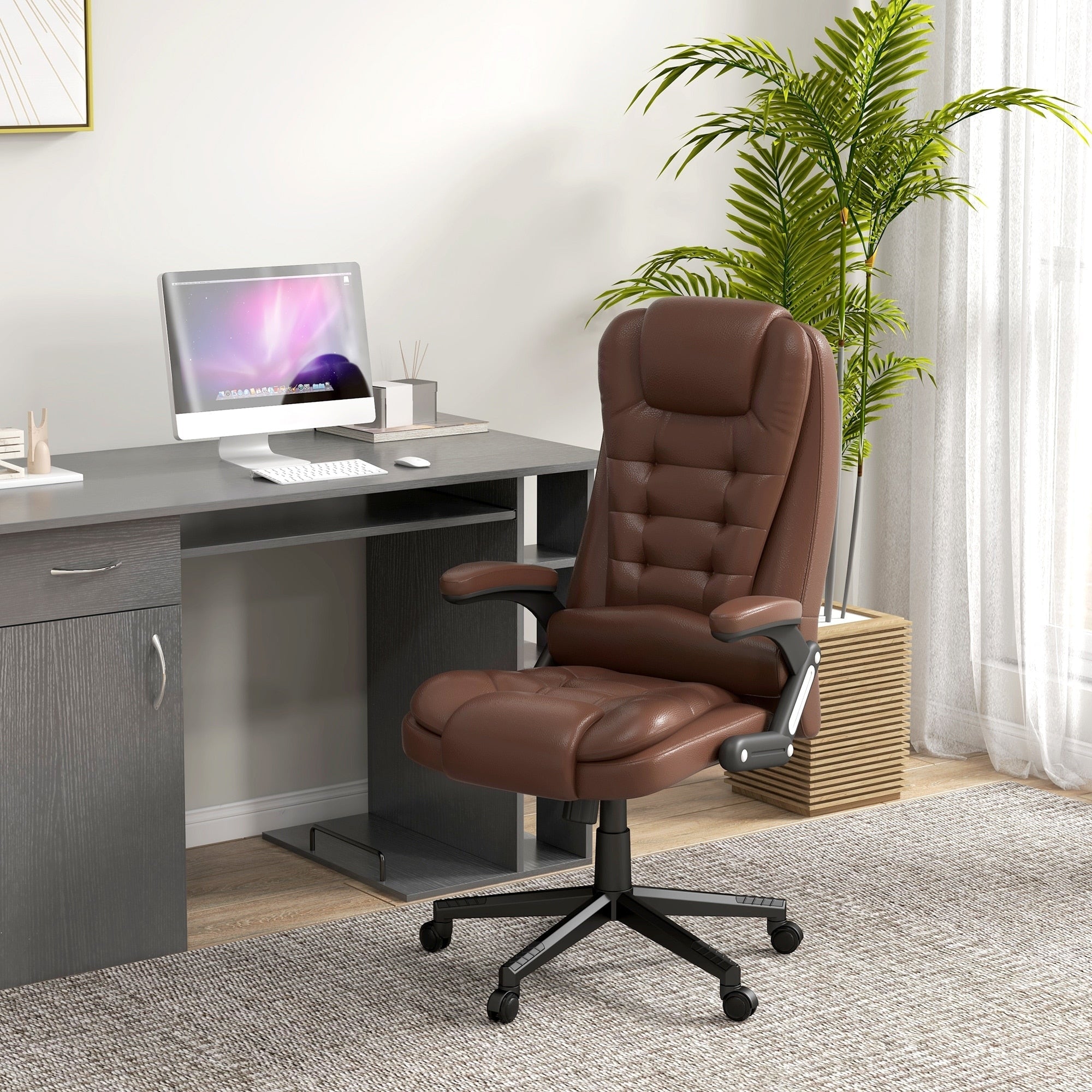 Fauteuil de bureau inclinable pivotant à 360° en cuir PU avec massage par vibrations, chauffage lombaire et hauteur réglable