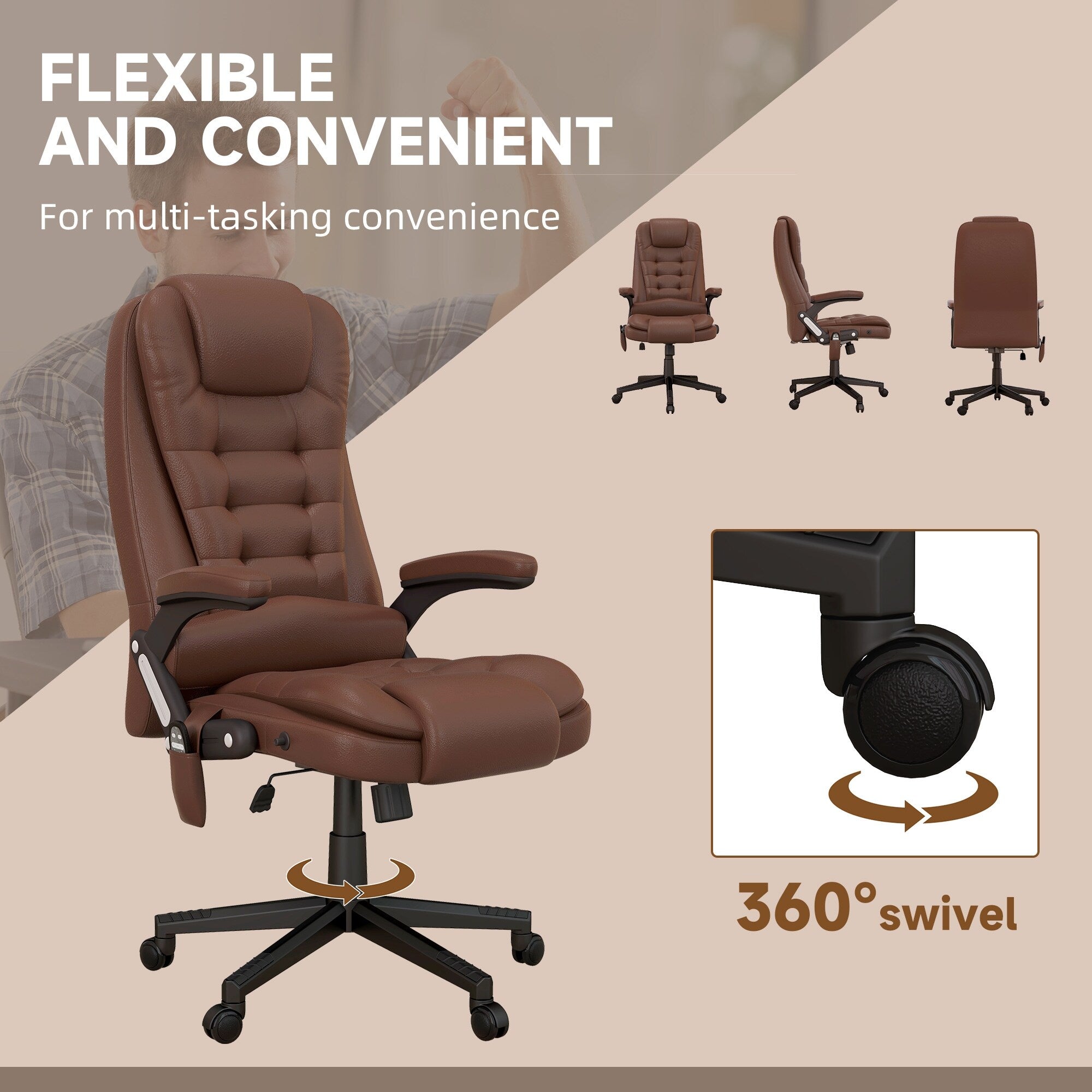 Fauteuil de bureau inclinable pivotant à 360° en cuir PU avec massage par vibrations, chauffage lombaire et hauteur réglable