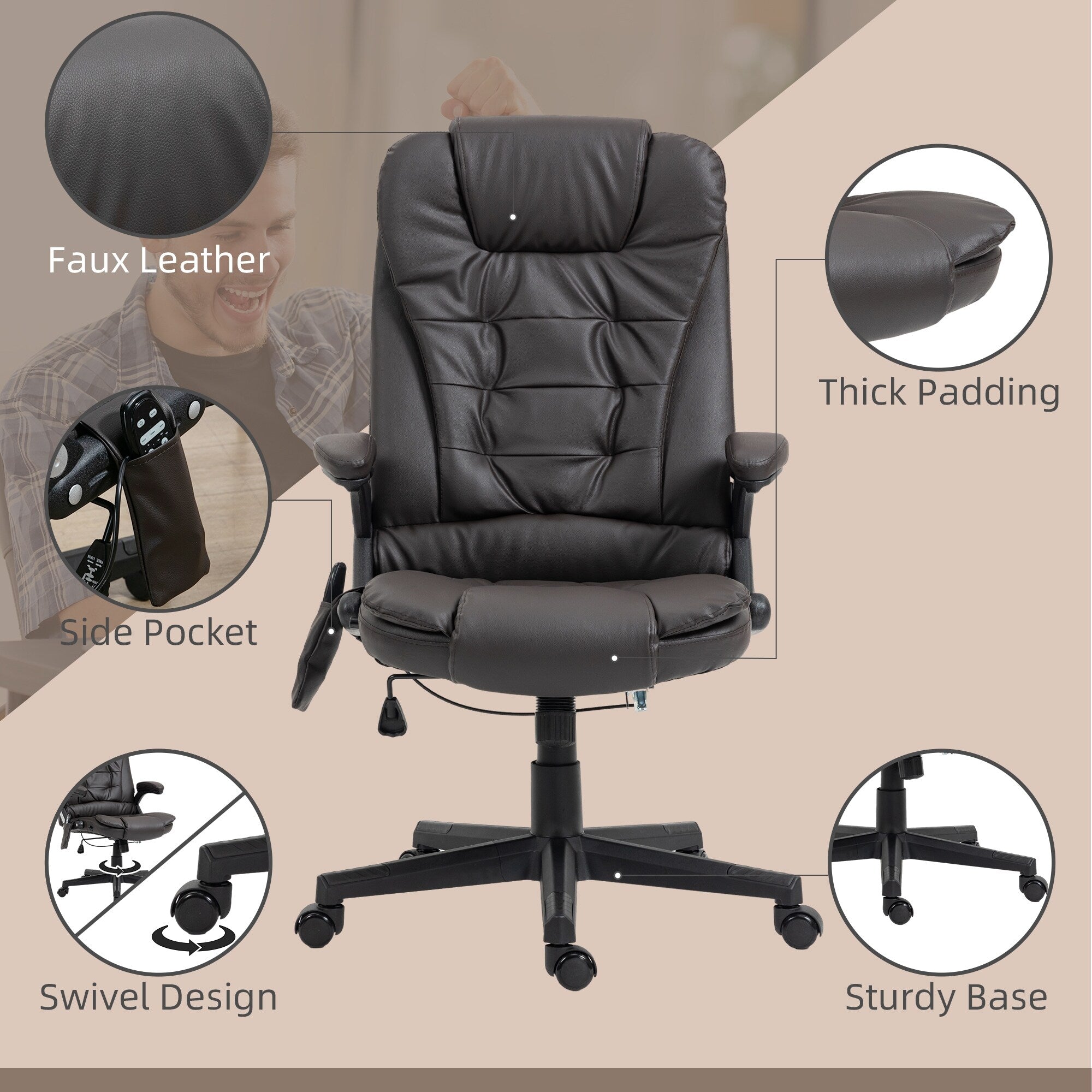 Fauteuil de bureau inclinable pivotant à 360° en cuir PU avec massage par vibrations, chauffage lombaire et hauteur réglable