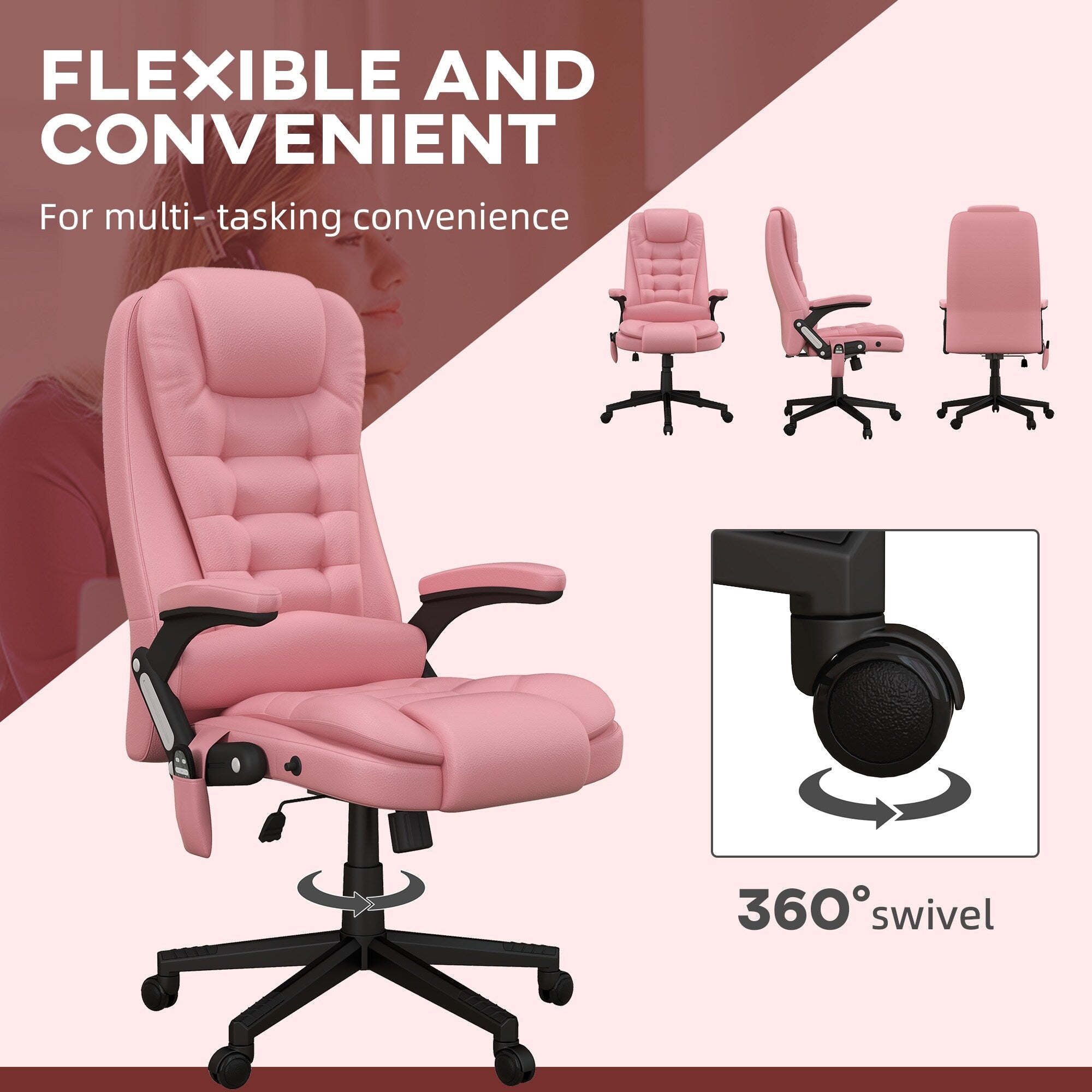 Fauteuil de bureau inclinable pivotant à 360° en cuir PU avec massage par vibrations, chauffage lombaire et hauteur réglable