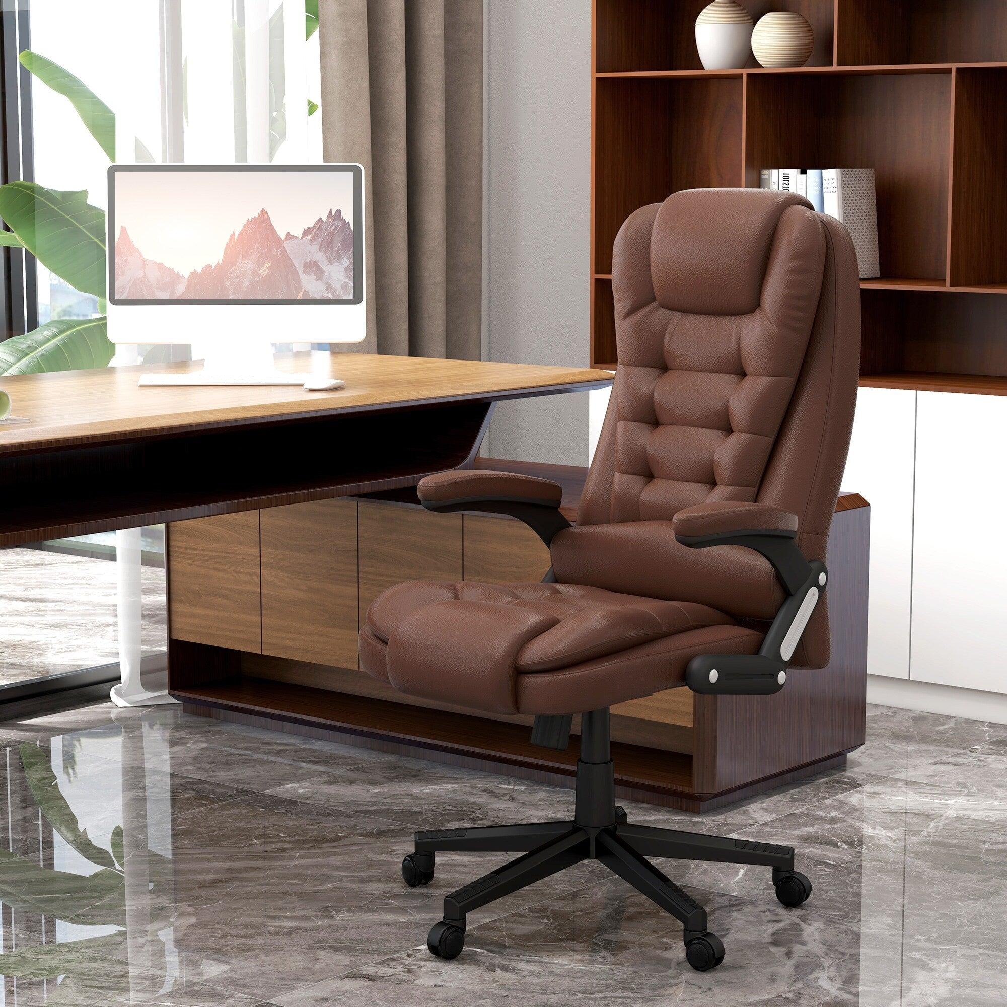 Fauteuil de bureau inclinable pivotant à 360° en cuir PU avec massage par vibrations, chauffage lombaire et hauteur réglable