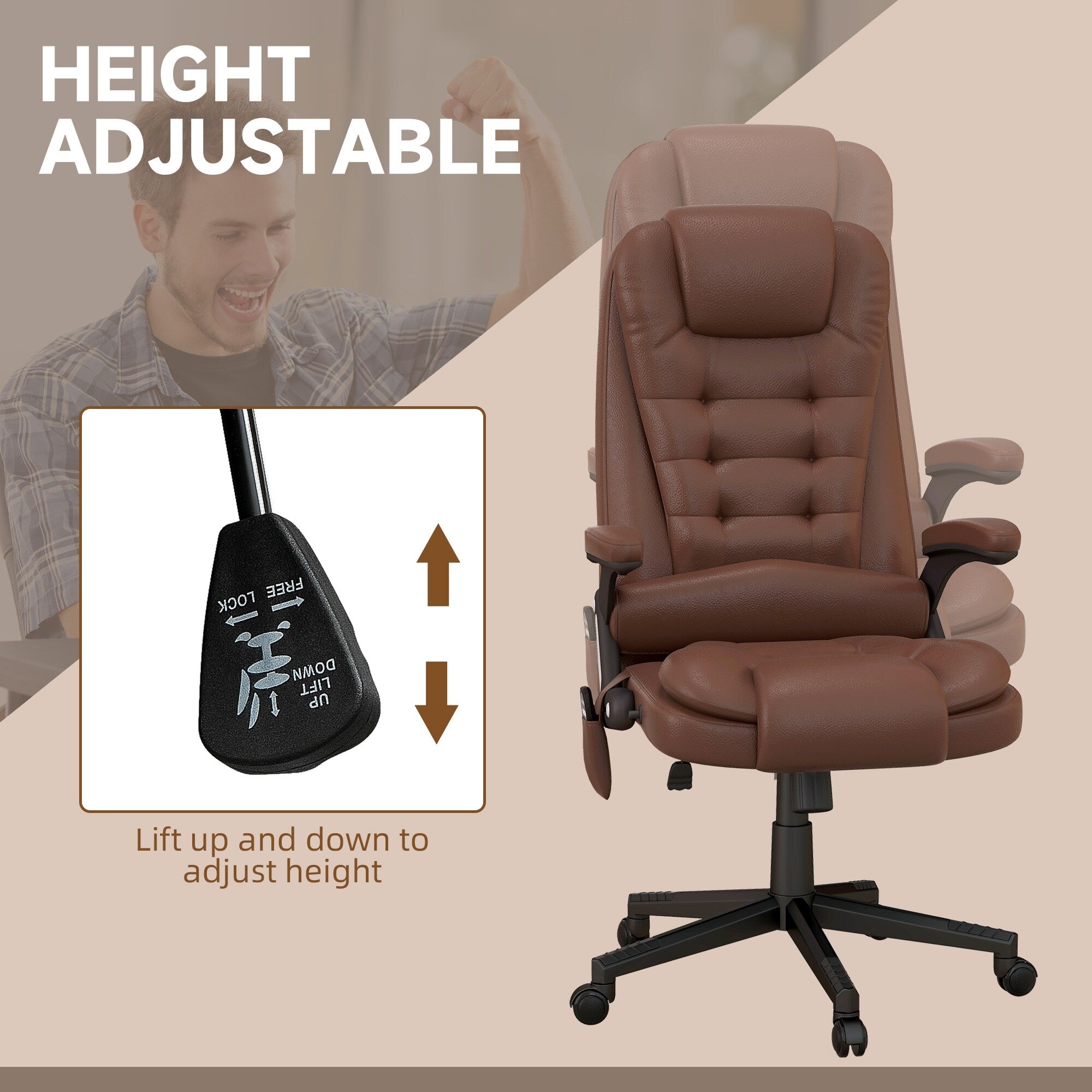 Fauteuil de bureau inclinable pivotant à 360° en cuir PU avec massage par vibrations, chauffage lombaire et hauteur réglable