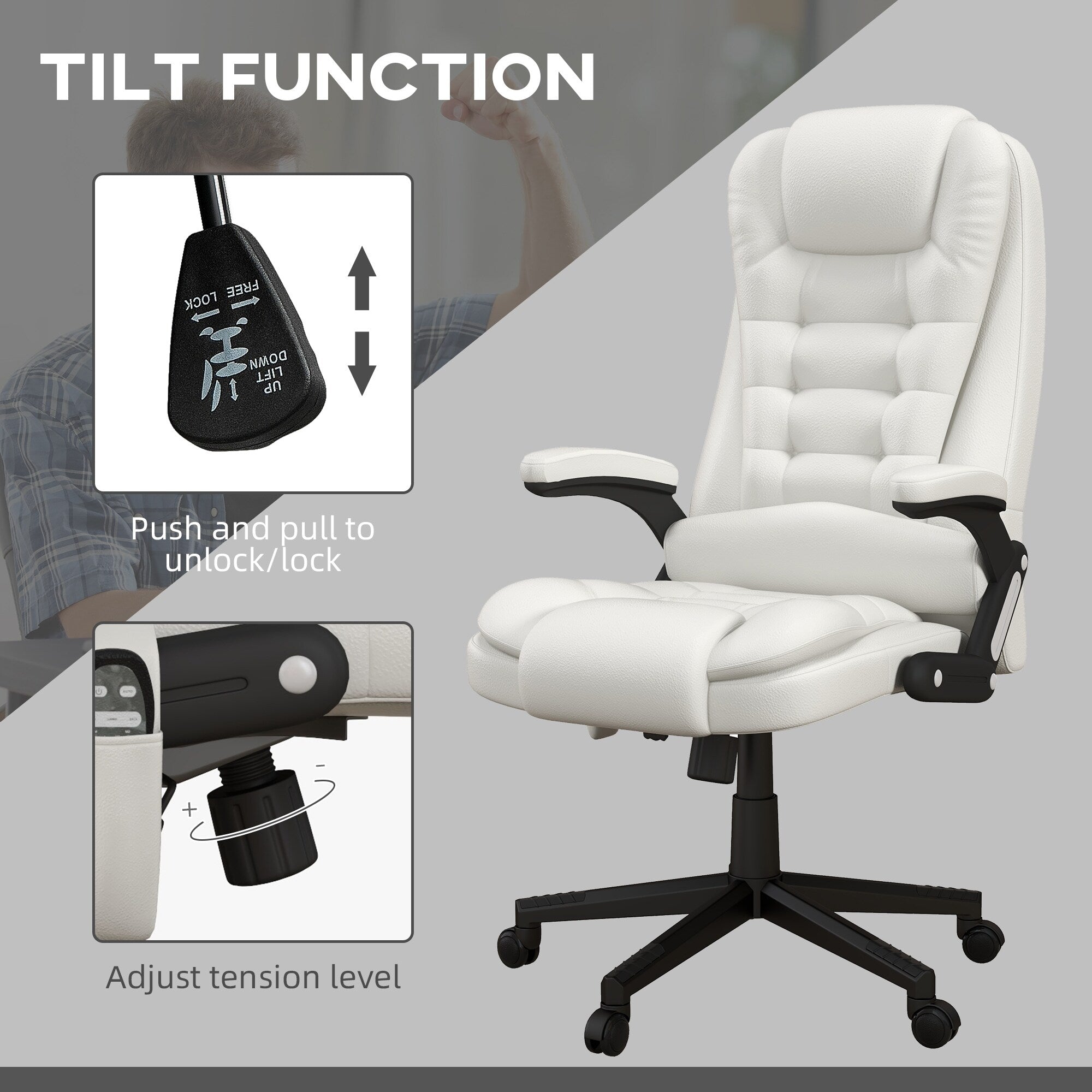 Fauteuil de bureau inclinable pivotant à 360° en cuir PU avec massage par vibrations, chauffage lombaire et hauteur réglable