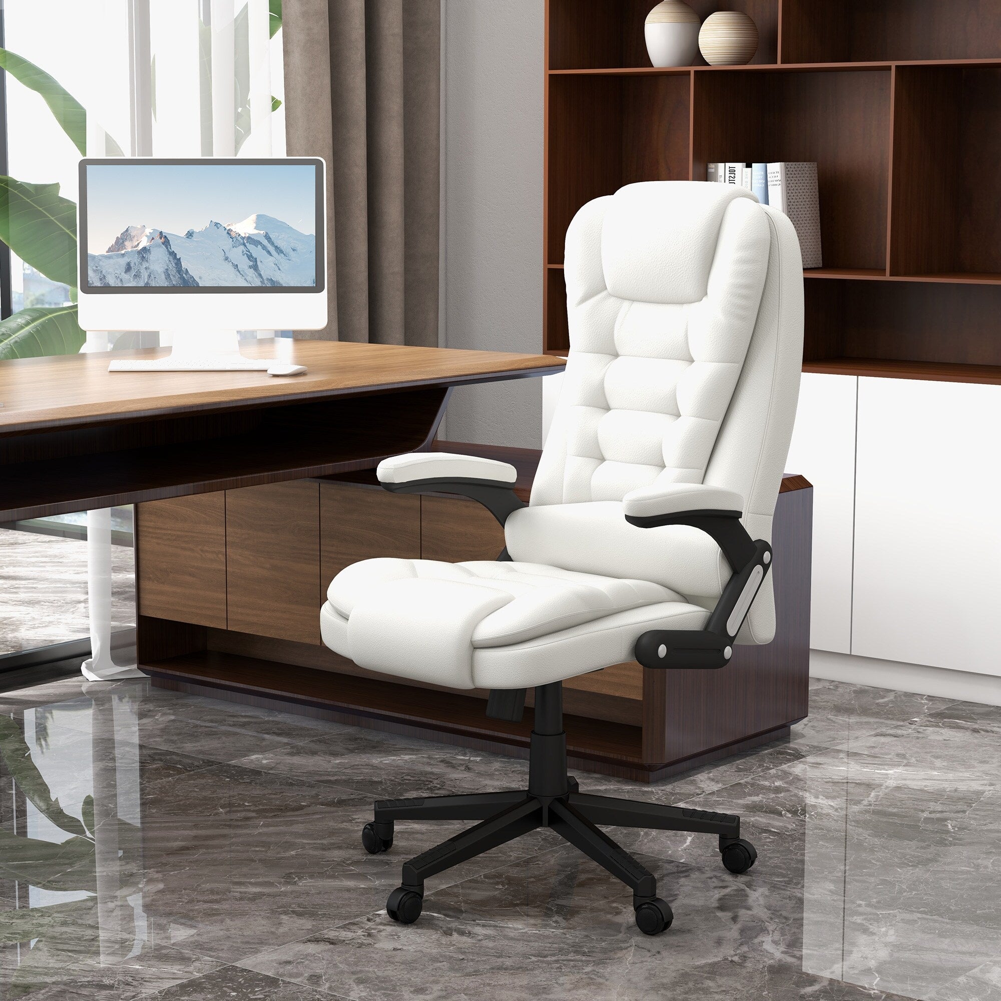 Fauteuil de bureau inclinable pivotant à 360° en cuir PU avec massage par vibrations, chauffage lombaire et hauteur réglable