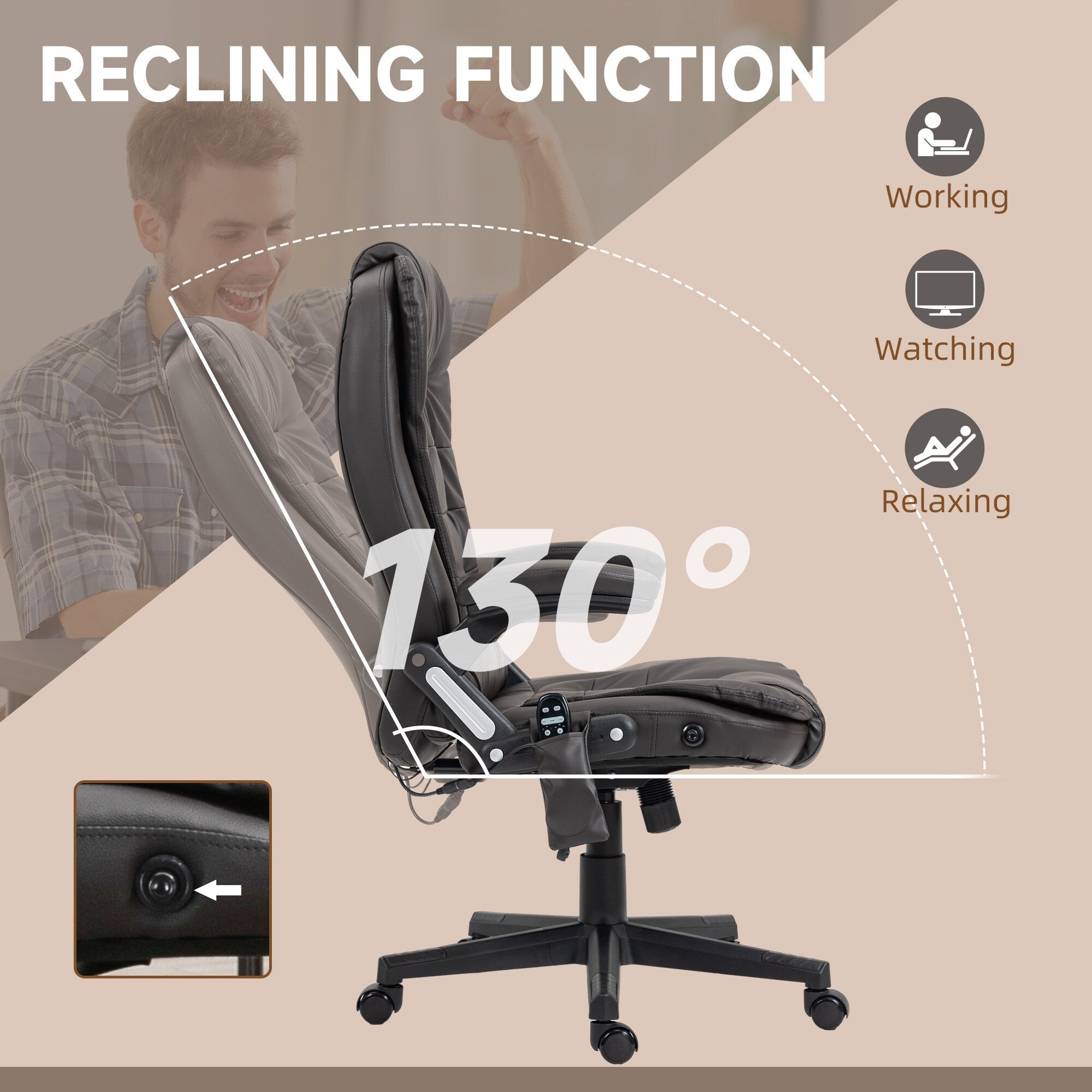 Fauteuil de bureau inclinable pivotant à 360° en cuir PU avec massage par vibrations, chauffage lombaire et hauteur réglable